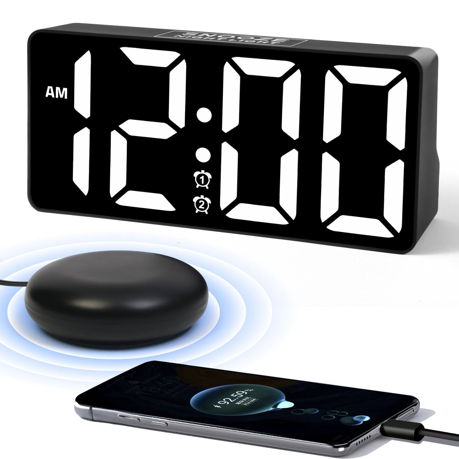 Dazzed Corner - Alarm Clock with Bed Shaker, Dimmable LED Digital Dual Alarm - White Digit