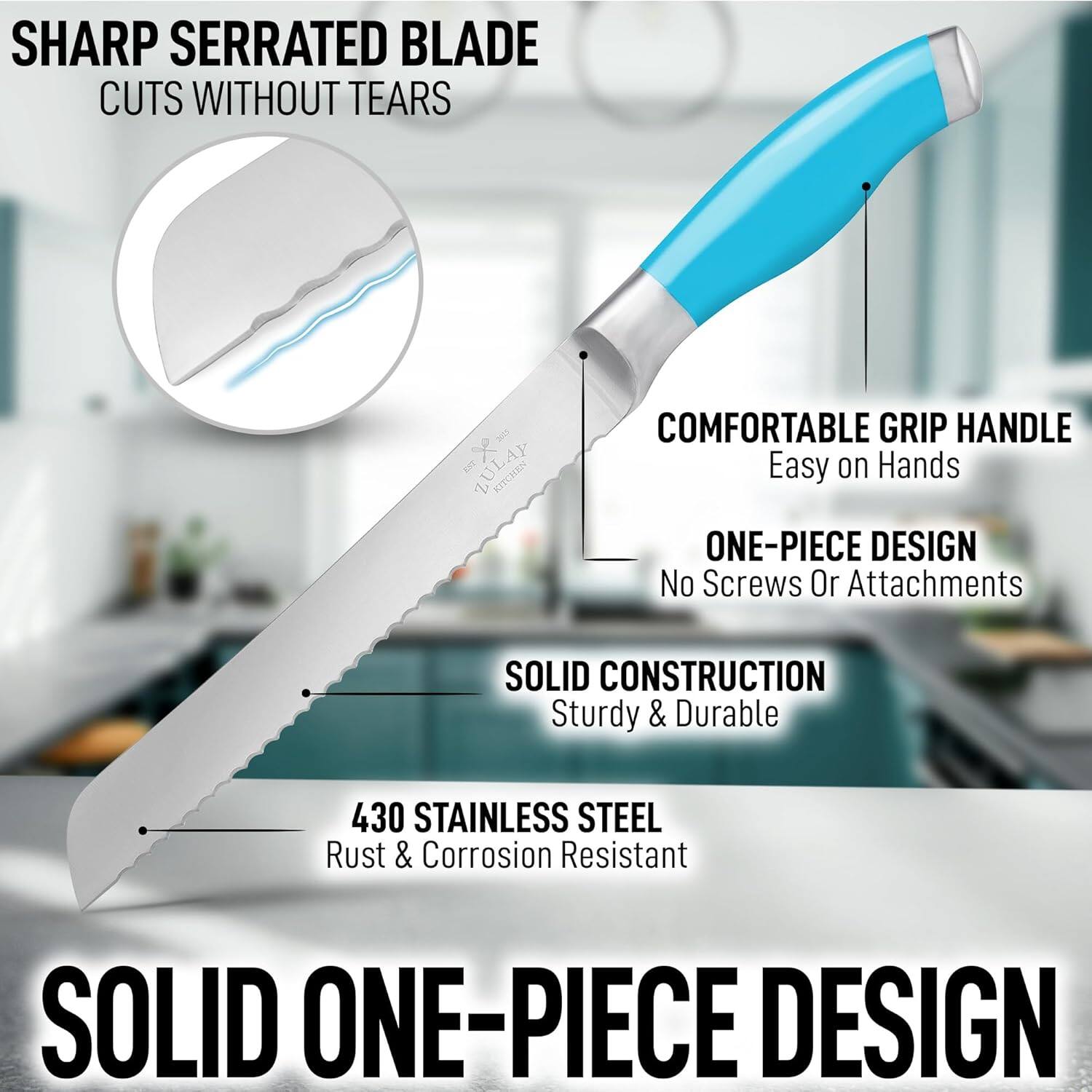 - SHARP SERRATED BLADE
  - CUTS WITHOUT TEARS

- COMFORTABLE GRIP HANDLE
  - Easy on Hands

- ONE-PIECE DESIGN
  - No Screws Or Attachments

- SOLID CONSTRUCTION
  - Sturdy & Durable

- 430 STAINLESS STEEL
  - Rust & Corrosion Resistant

- SOLID ONE-PIECE DESIGN