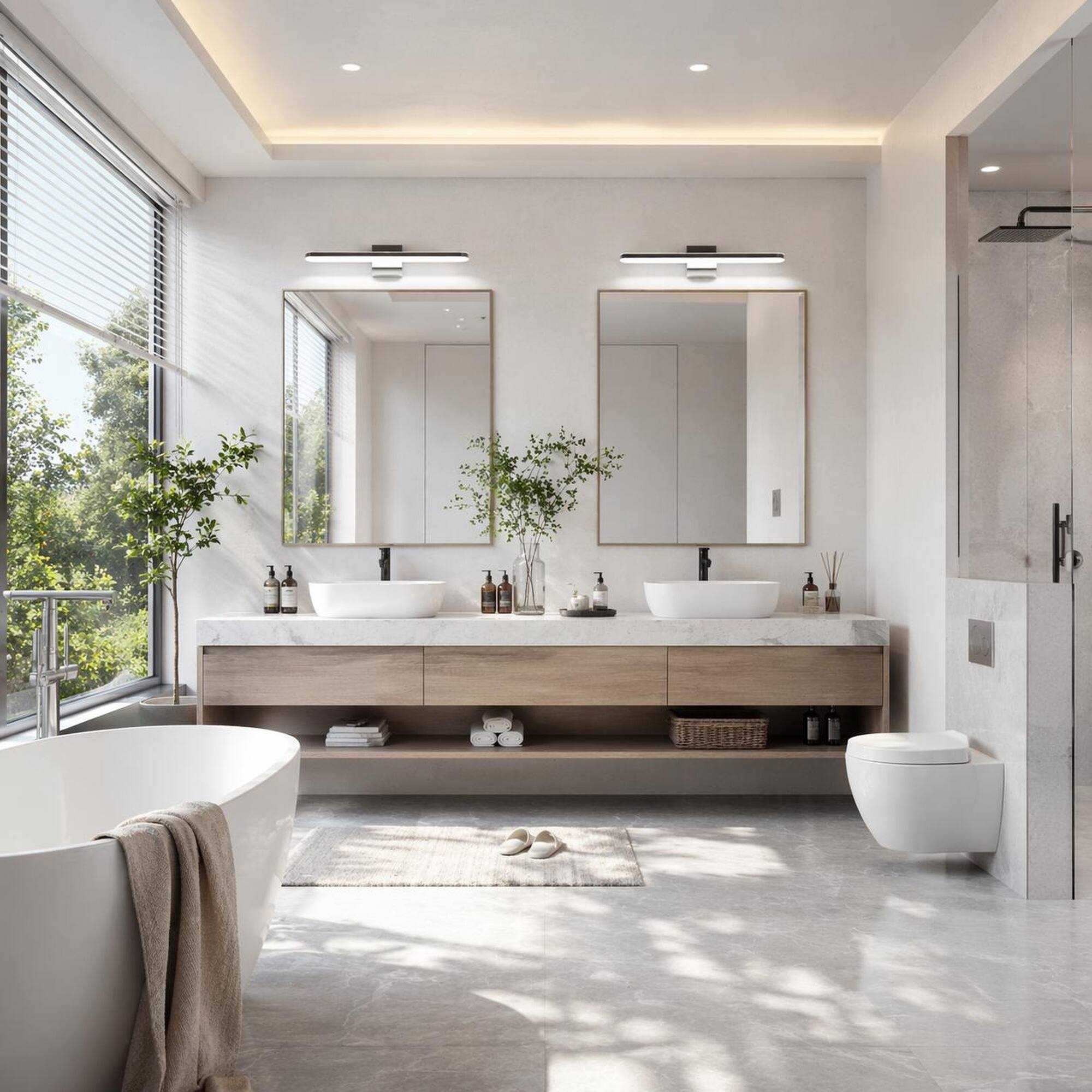 Back. RYHNUYNE - 24-Inch Chrome LED Vanity Light with Dimmable 6000K Brightness, Stainless Steel and Acrylic Construction for Bathroom.