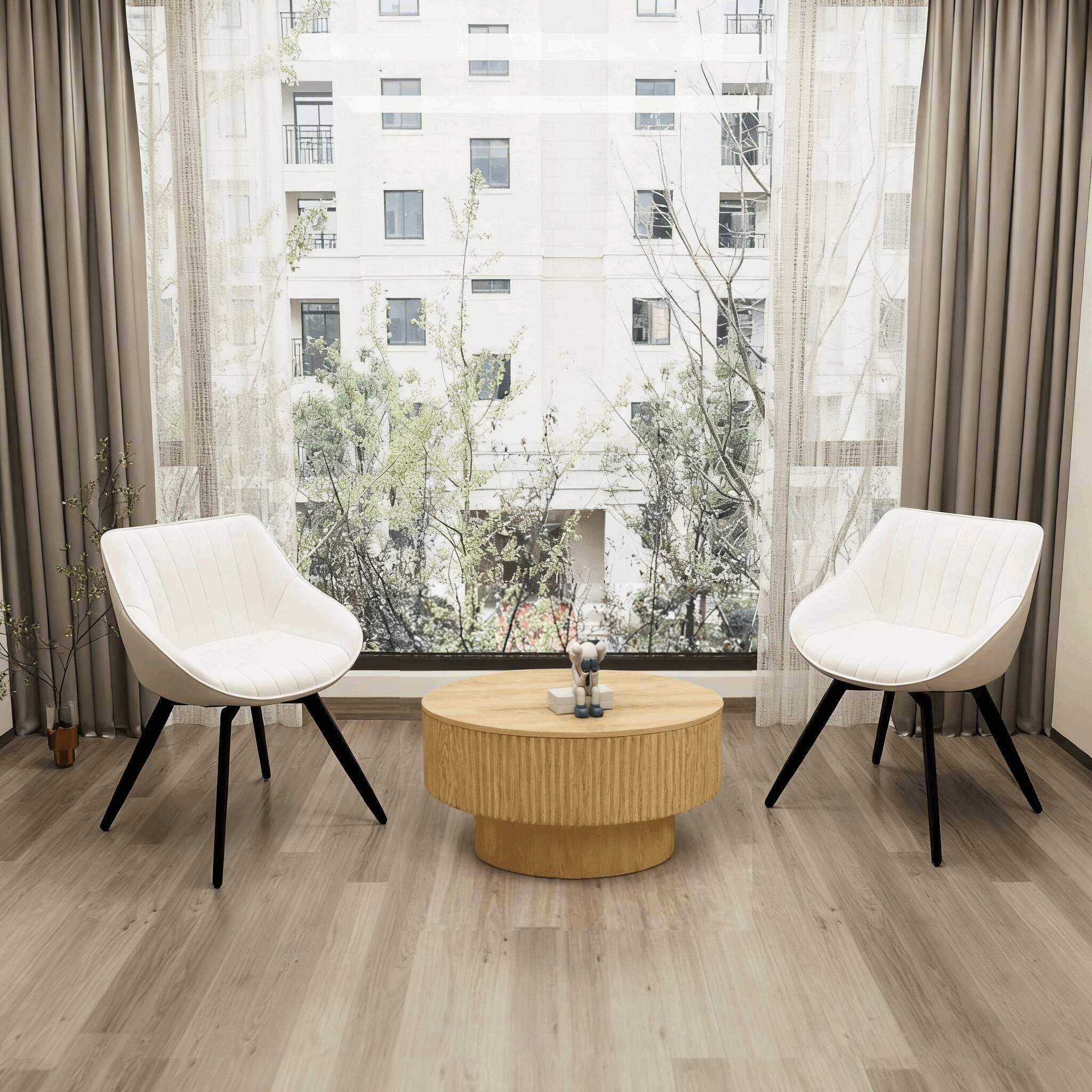 Front. TinyHomie - 29.53in MDF modern round coffee table and 2 PU dining chairs set ring-striped design and storage space dining set - Beige and Wood.