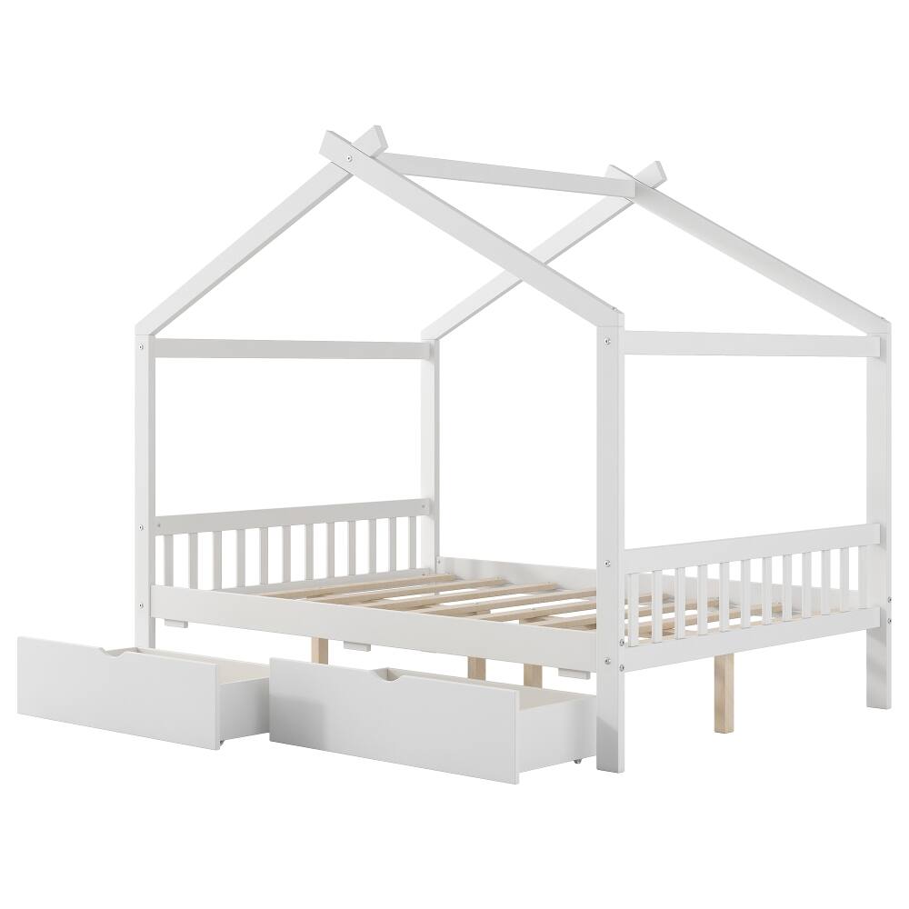 Alt View 9. Loheer - Loheer Full Size House Platform Bed with Two Drawers, Roof Design White Bed Frame for Kids - White.
