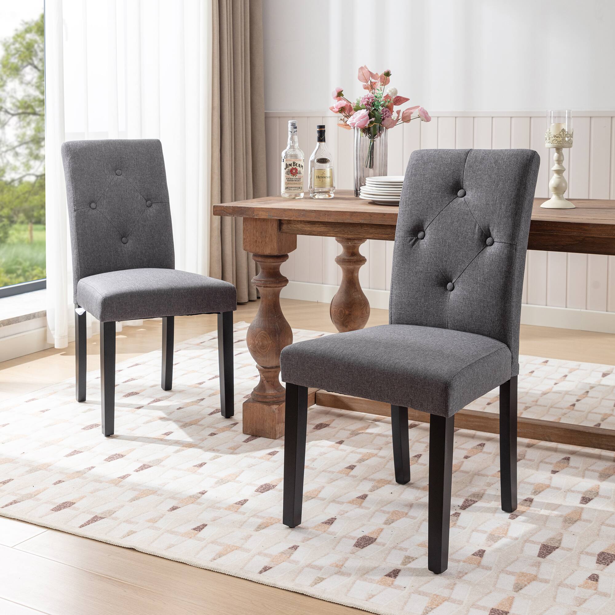 Alt View 3. Vecelo - Set of 2 Linen Dining Chairs  Upholstered Chairs- Ergonomic High Back, 260lb Capacity, Solid Wood Legs - Dark Grey.