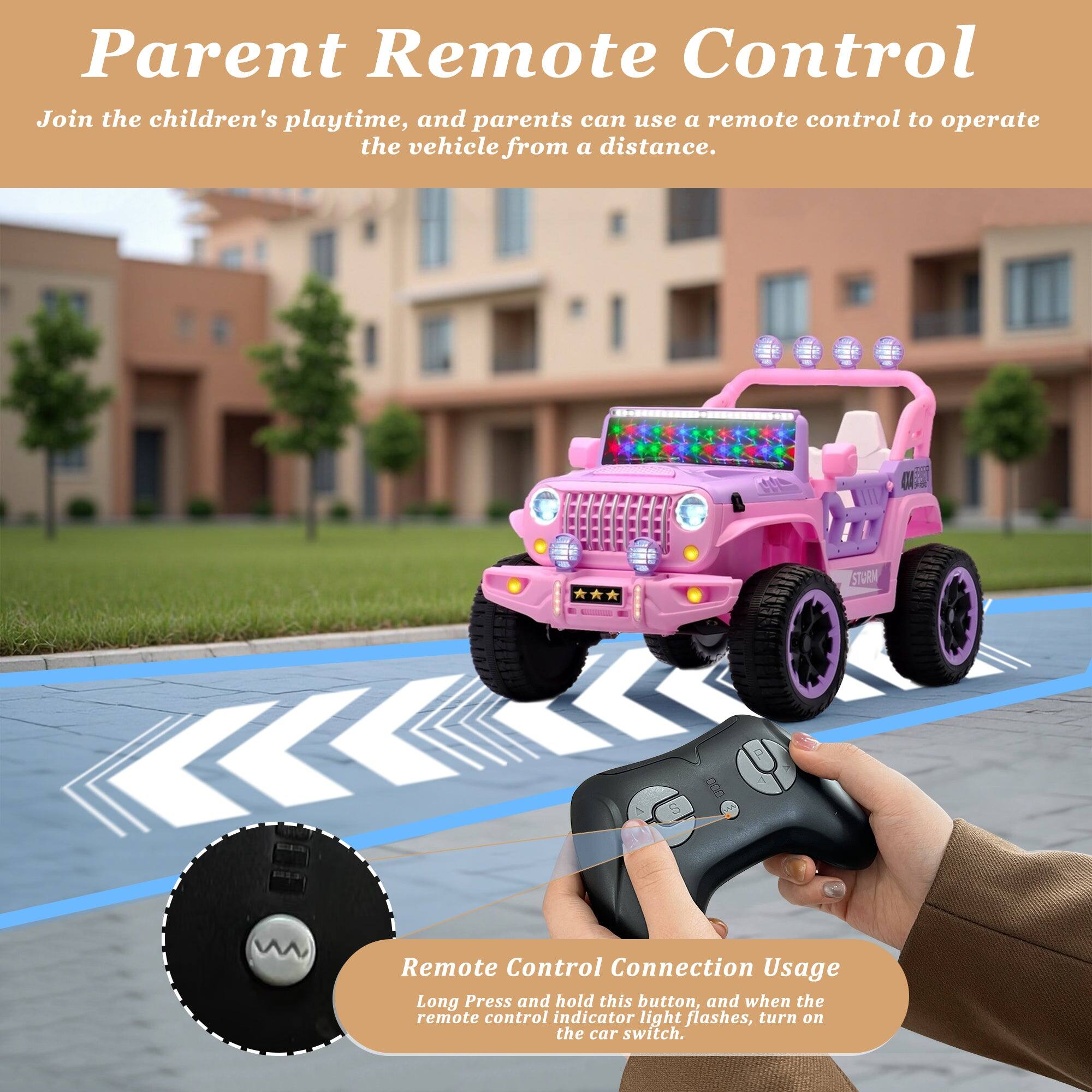 Parent Remote Control  
Join the children's playtime, and parents can use a remote control to operate the vehicle from a distance.

Remote Control Connection Usage  
Long Press and hold this button, and when the remote control indicator light flashes, turn on the car switch.