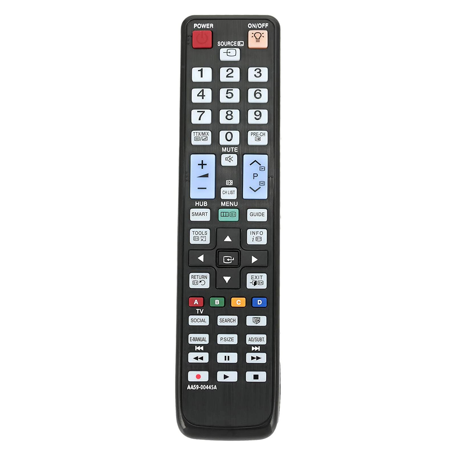 POWER ON/OFF SOURCE 1 2 3 4 5 6 7 8 9 TTX/MIX 2W F 0 MUTE PRE-CH - + 1- P I CHLIST HUB MENU SMART GUIDE TOOLS INFO RETURN EU EXIT A TV SOCIAL C SEARCH D E-MANUAL P.SIZE AD/SUBT AA59-00445A
