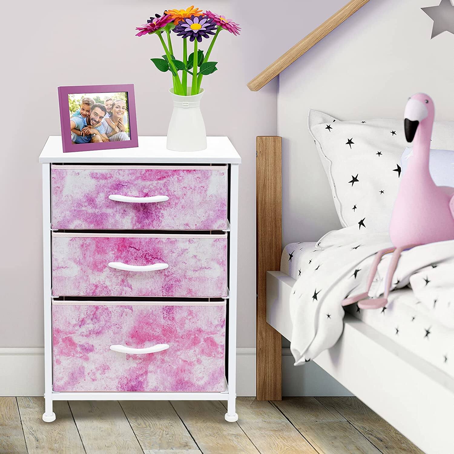 Angle. Sorbus - Sorbus Nightstand with 3 Drawers - Steel Frame, Wood Top &Fabric Bins -Home, Bedroom, Office & College Dorm - Tie dye pink.