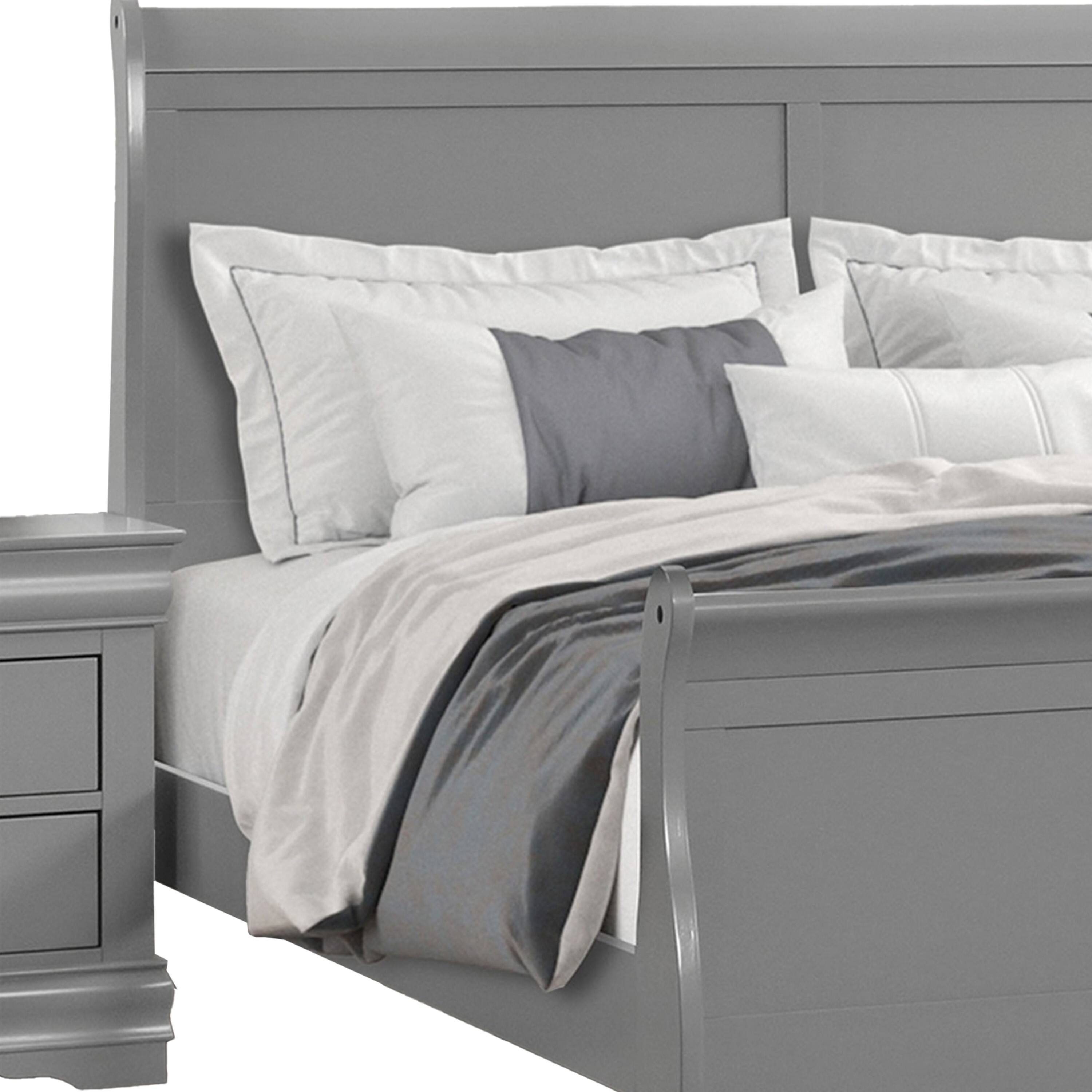 Alt View 3. Manhattan Lane - Ryla Queen Size Bed, Sleigh Panel Headboard, Classic Light Gray Solid Wood - Gray.