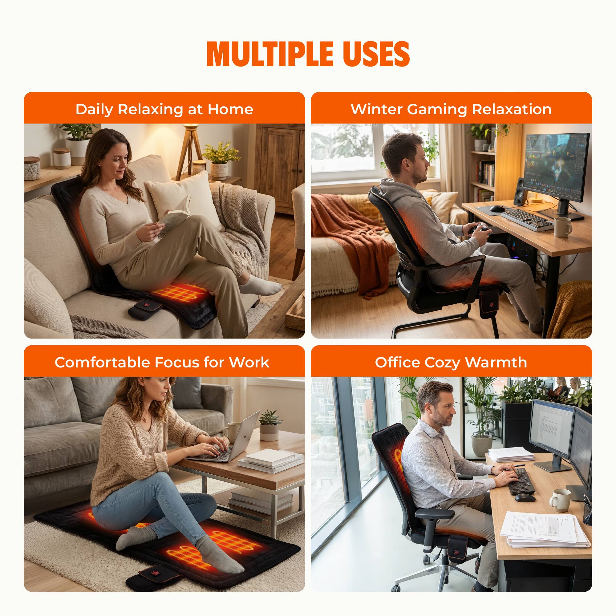 MULTIPLE USES

- Daily Relaxing at Home
- Winter Gaming Relaxation
- Comfortable Focus for Work
- Office Cozy Warmth
