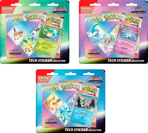 The image shows two boxes of Pokemon cards, each containing 6 cards. The cards are from the Prismatic Evolutions set and are part of the Tech Sticker Collection. The cards feature various Pokemon characters, such as Glaceon and Sylveon. The boxes are designed to hold the cards securely and protect them from damage.