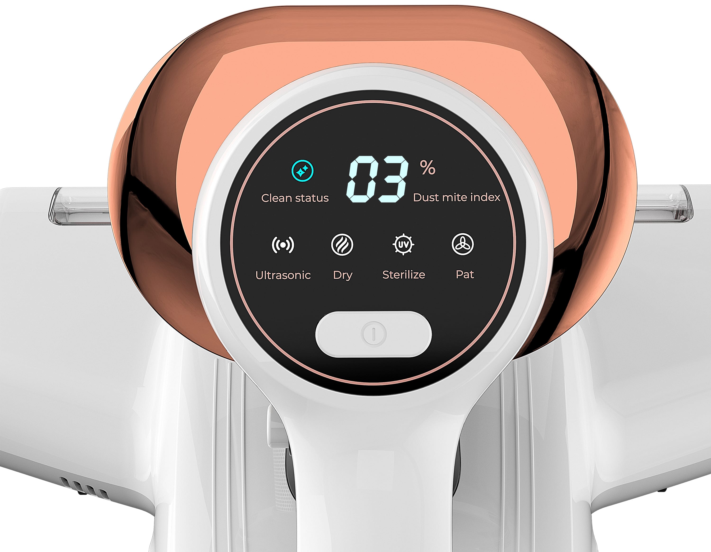 The text on the image reads:
"% Clean status 03. Dust mite index UV & Ultrasonic Dry Sterilize Pat I."
This text is grouped and corrected as follows:
"% Clean status 03. Dust mite index: UV & Ultrasonic Dry Sterilize Pat I."