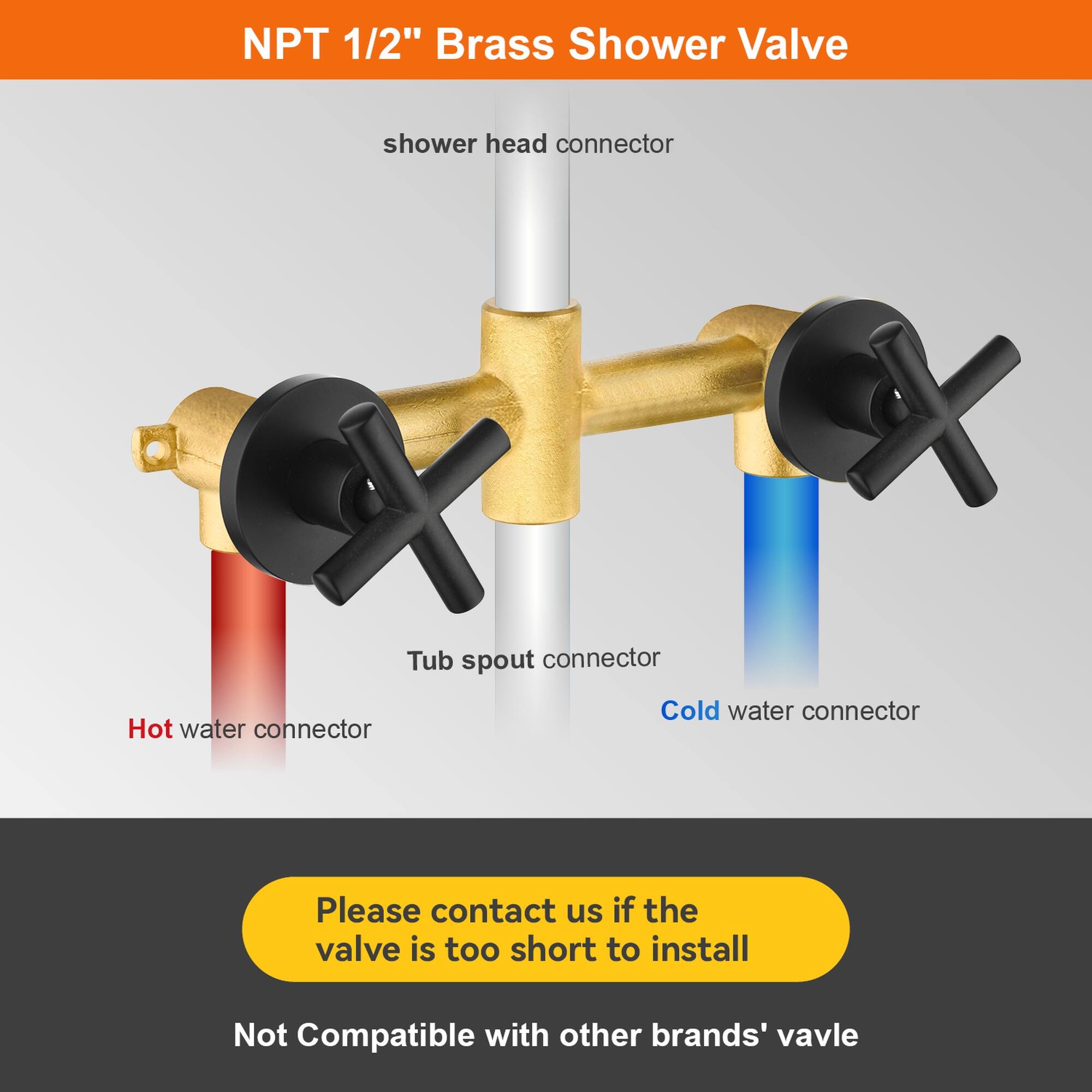 NPT 1/2" Brass Shower Valve

- Shower head connector
- Tub spout connector
- Hot water connector
- Cold water connector

Please contact us if the valve is too short to install

Not Compatible with other brands' valve