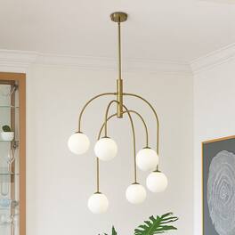 RYHNUYNE - 6-Light Sputnik Chandelier,Mid Century Modern Chandelier with Milk Glass Shades,Globe Chandelier for Dining Room - Gold