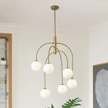 Front. RYHNUYNE - 6-Light Gold Sputnik Chandelier,Mid Century Modern Chandelier with Milk Glass Shades,Globe Chandelier for Dining Room - Gold.