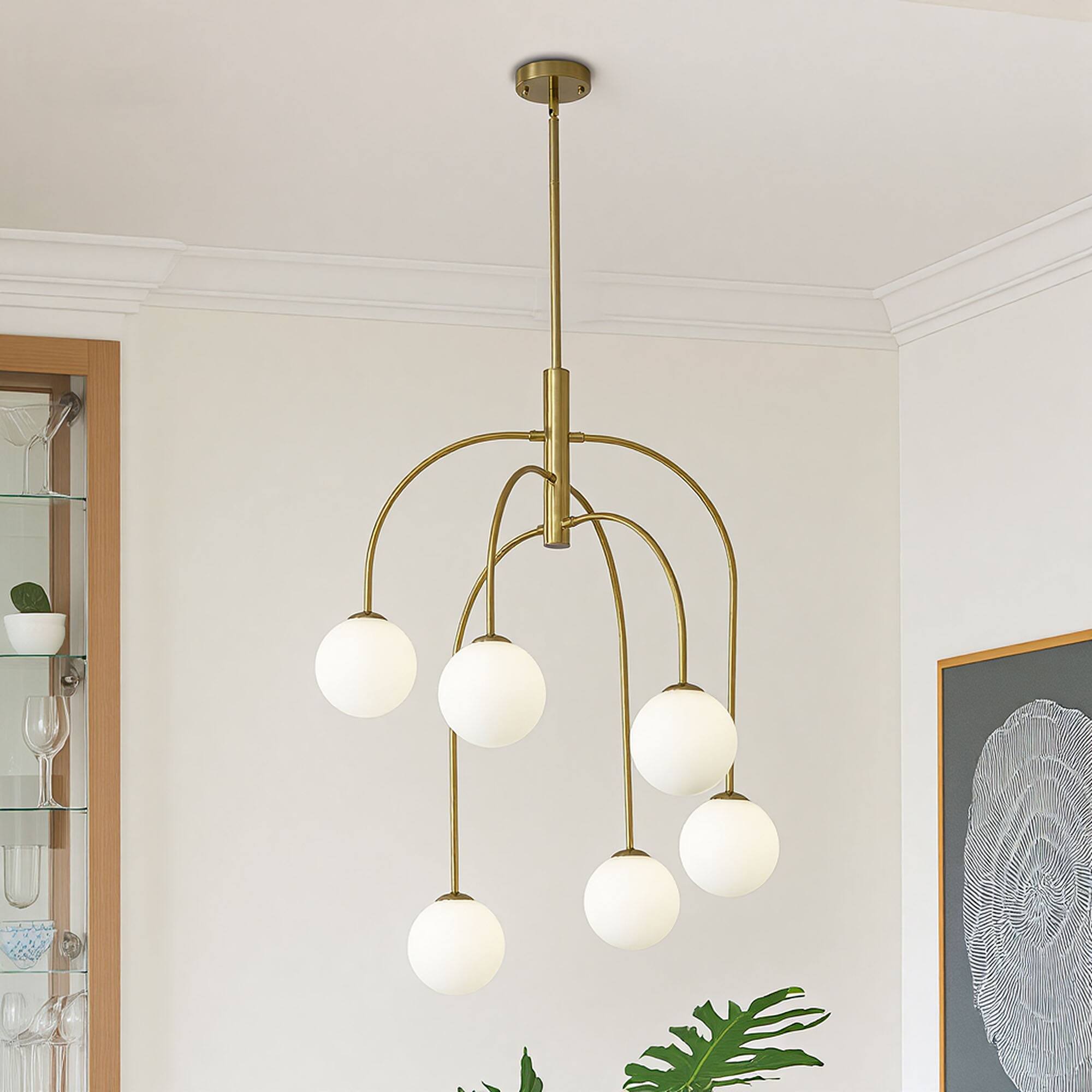 Front. RYHNUYNE - 6-Light Gold Sputnik Chandelier,Mid Century Modern Chandelier with Milk Glass Shades,Globe Chandelier for Dining Room - Gold.