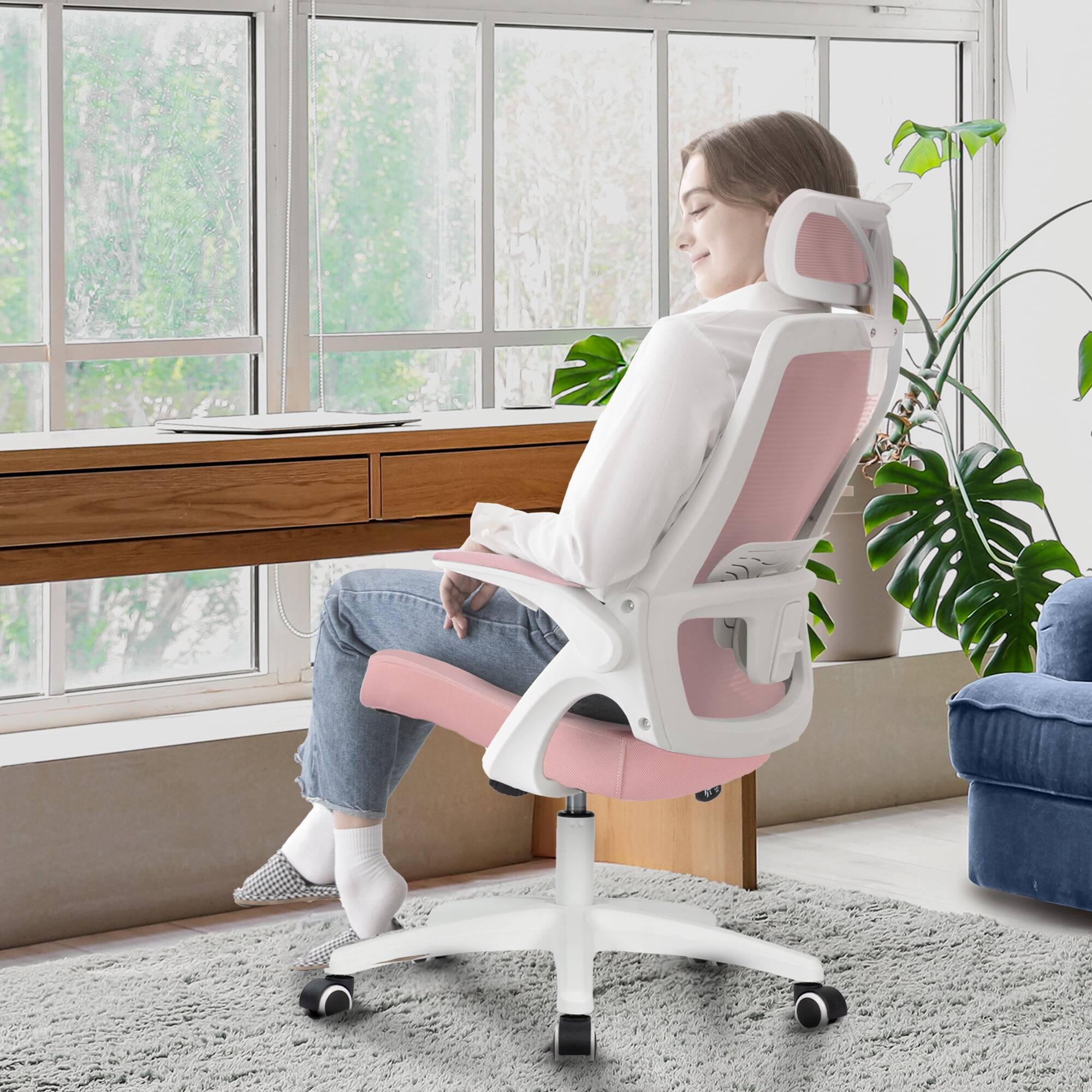 Back. Neo Chair - Office Desk Chair Computer High Back Support Mesh Comfy Adjustable Ergonomic Headrest Lumbar Rolling Flip-up Armrests - Plastic Base-Pink.