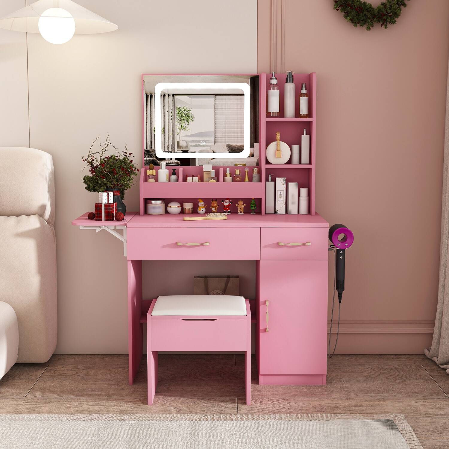 Front. Lirago - Pink Wood Dressing Table Desk with LED Mirror Lights 17.7”D x 43.3“ W x 53.1“ H - Pink.