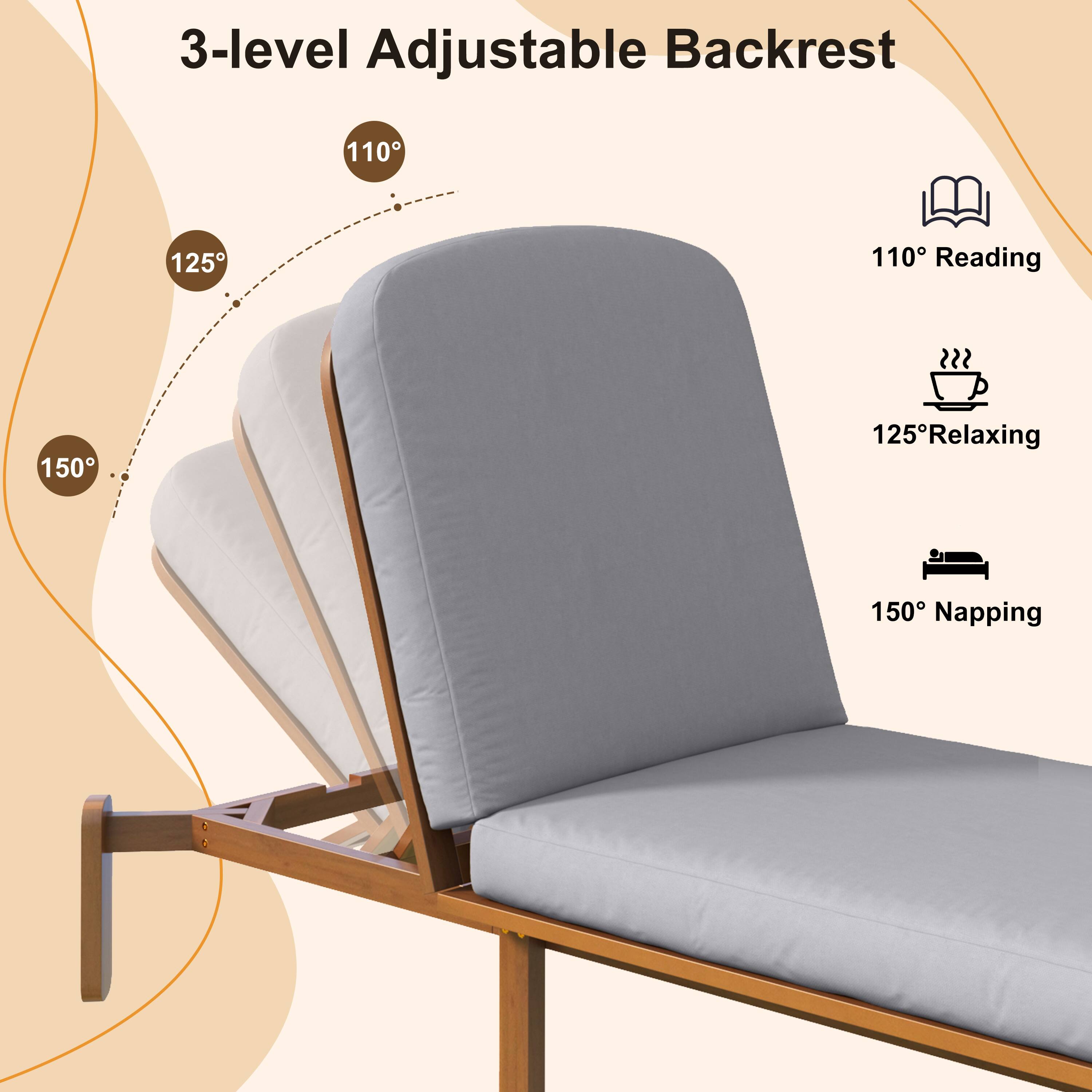 3-level Adjustable Backrest

110° Reading  
125° Relaxing  
150° Napping