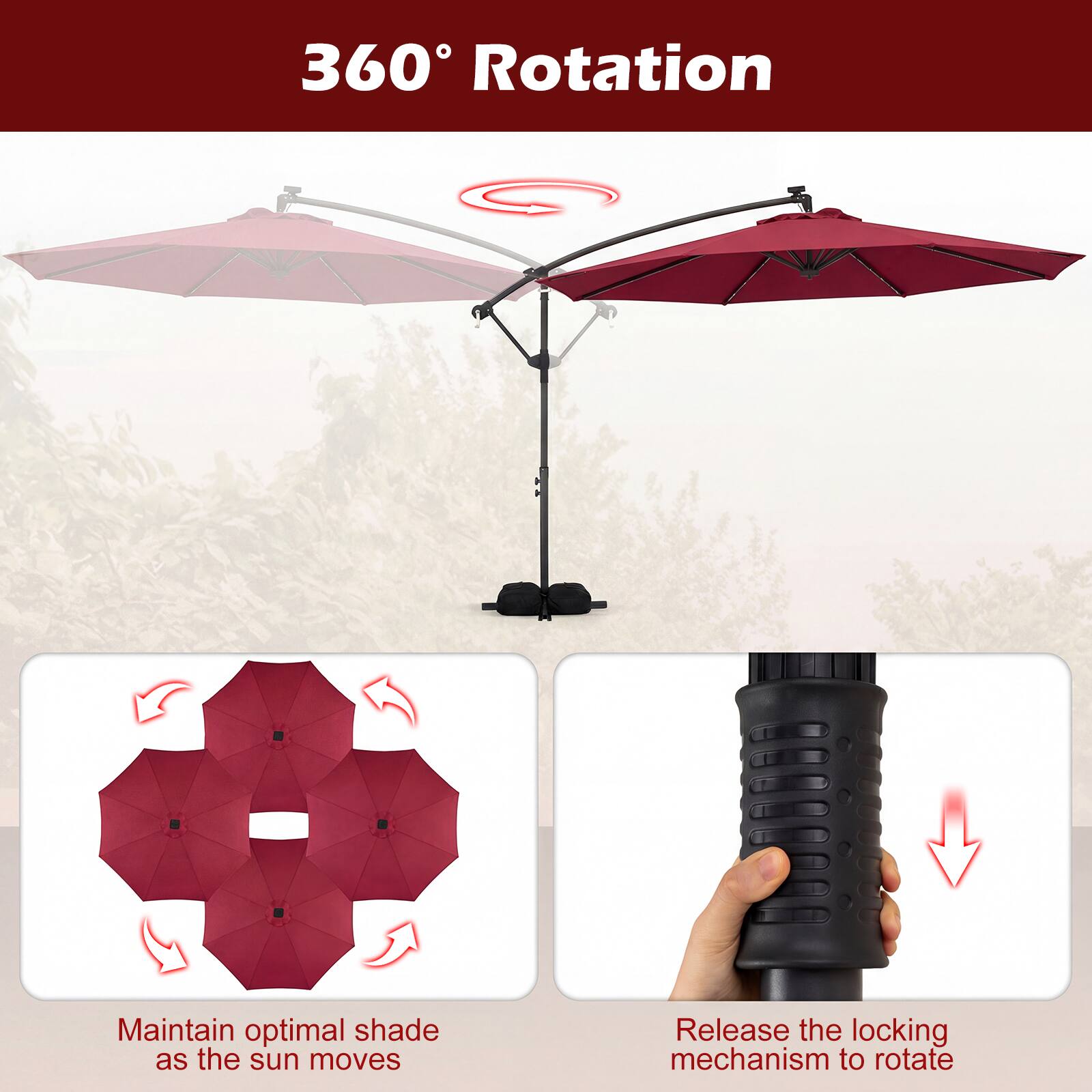 360° Rotation

Maintain optimal shade as the sun moves

Release the locking mechanism to rotate