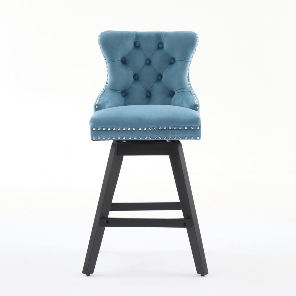 Angle. Loheer - Loheer Swivel Velvet Barstools Set of 2 Light Blue Button Tufted Bar Chairs Wooden Legs Chrome Nailhead Trim - Light Blue.