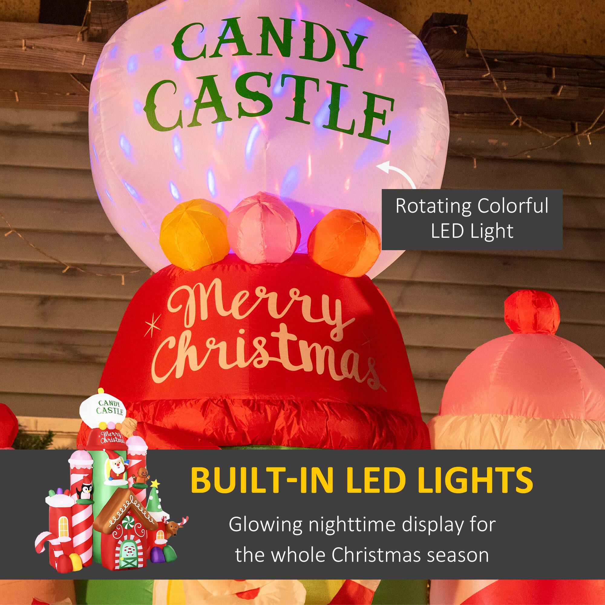 Candy Castle Rotating Colorful LED Light  
Merry Christmas  

Built-in LED Lights  
Glowing nighttime display for the whole Christmas season