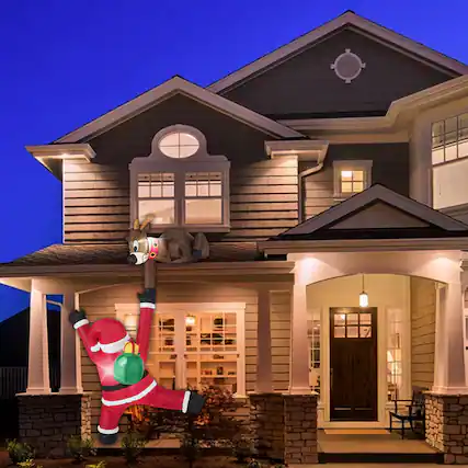 Front. BreeBe - 8.5FT Lighted Inflatable Christmas Reindeer with Climbing Santa Claus Decoration and Built-In LED Lights - Multicolor.