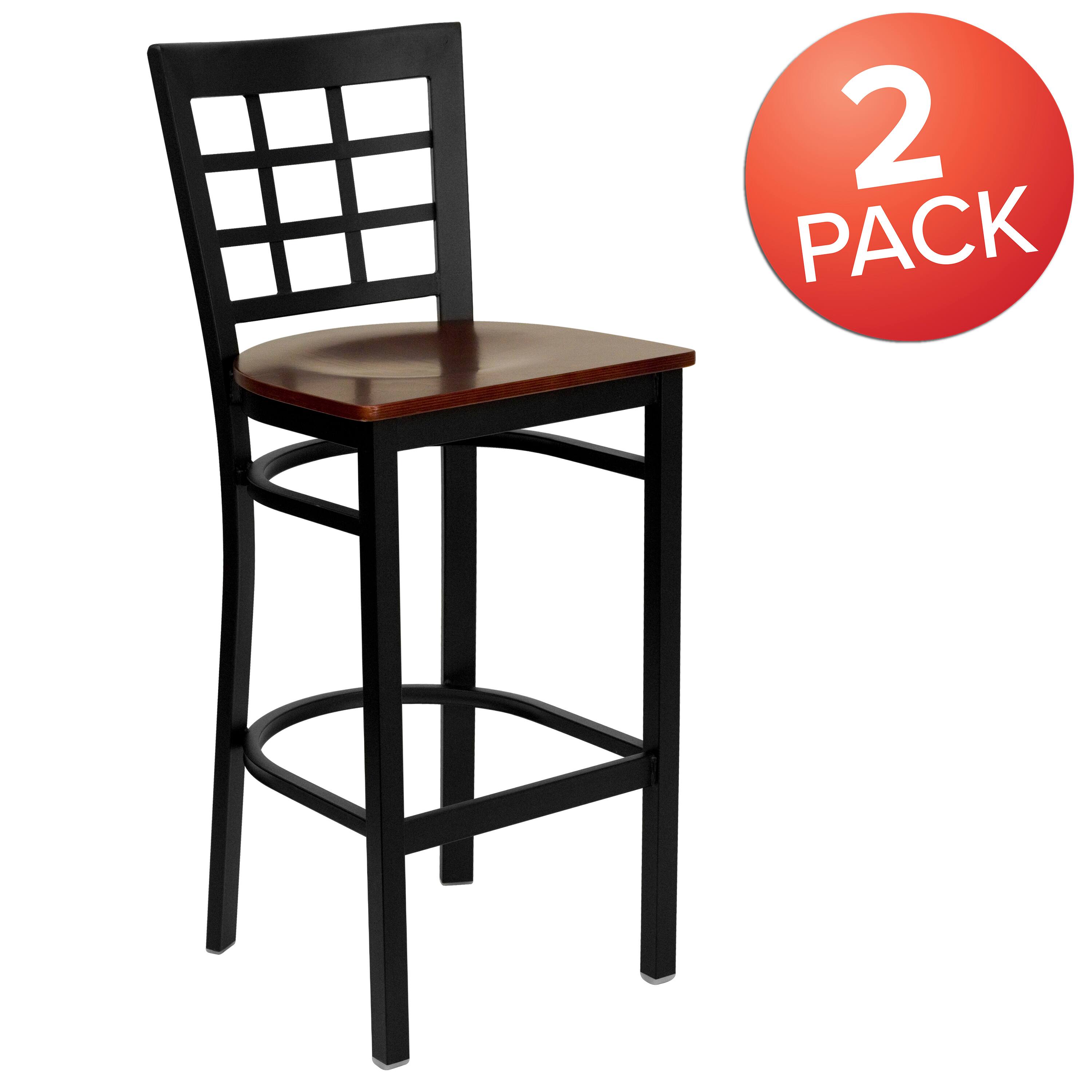 Alt View 1. Emma + Oliver - 2 Pack Window Back Metal Restaurant Barstool - Mahogany Wood Seat/Black Metal Frame.