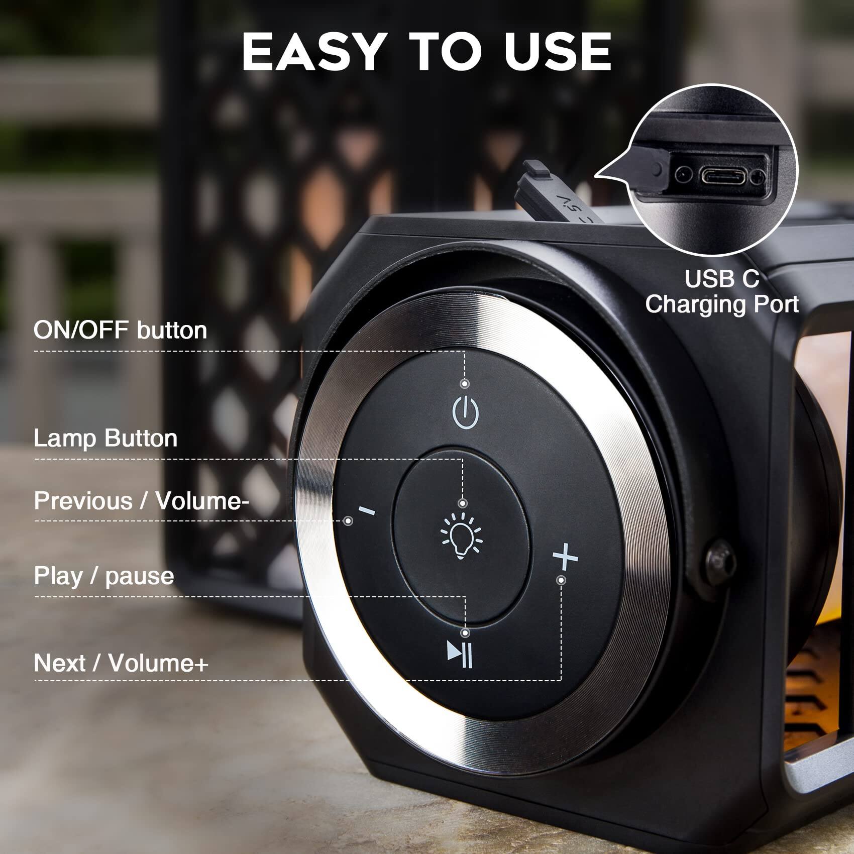 EASY TO USE

- ON/OFF button
- USB C Charging Port
- Lamp Button
- Previous / Volume-
- Play / pause
- Next / Volume+