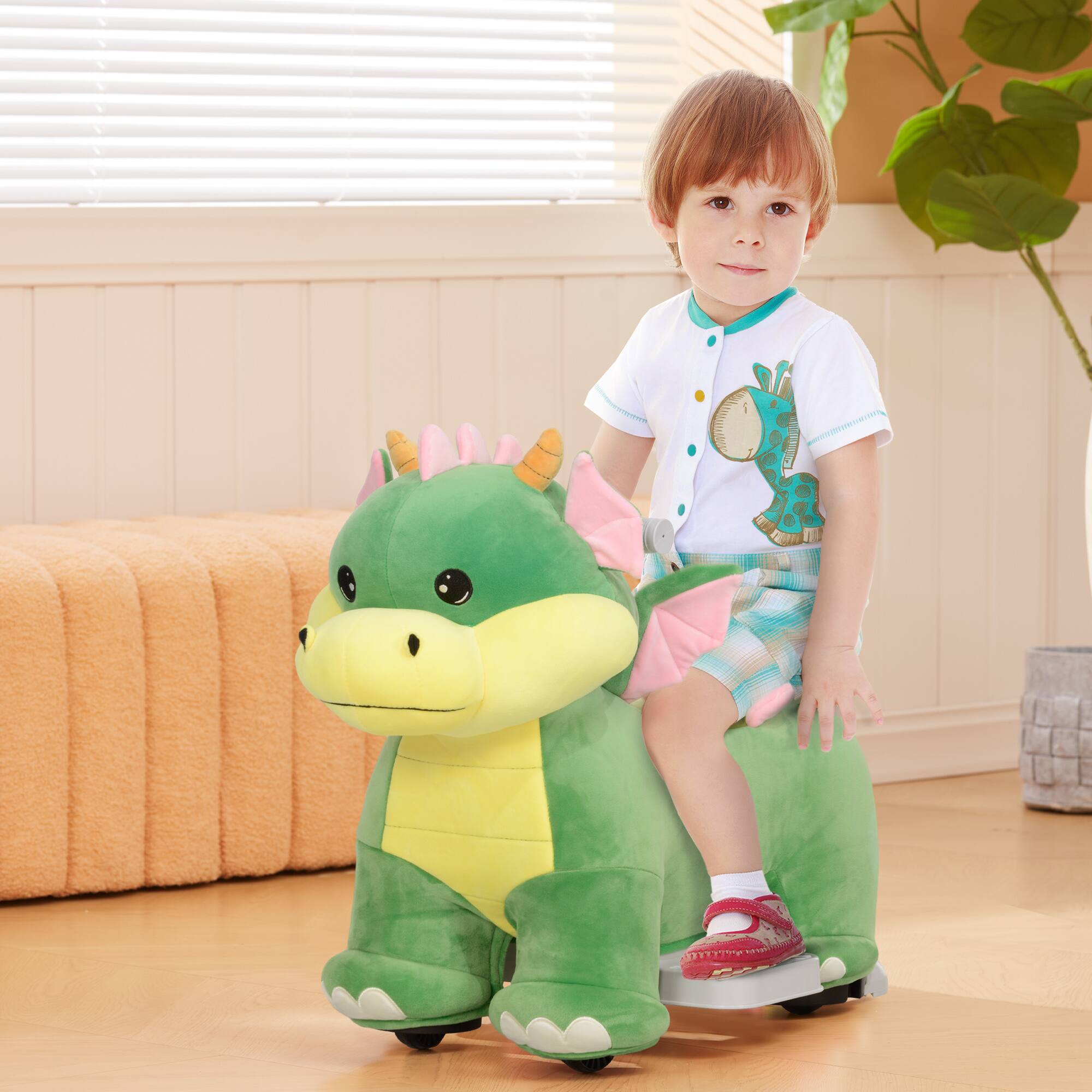 Angle. Qaba - 6V Kids Ride on Horse, Battery Powered Toy, Triceratops Electric Animal with Music Fwd, PU Wheels, for 18-36 Months.