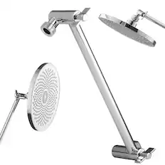 Front. VEVOR - Shower Head Extension Arm, 11 Inches, Brass Shower Arm Extender with Flexible Adjustable Angle Height, Chrome Finish - Silver.