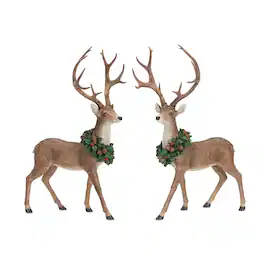 BreeBe - Holiday Standing Deer Figurine with Wreath Accent (Set of 2) - Green, Brown