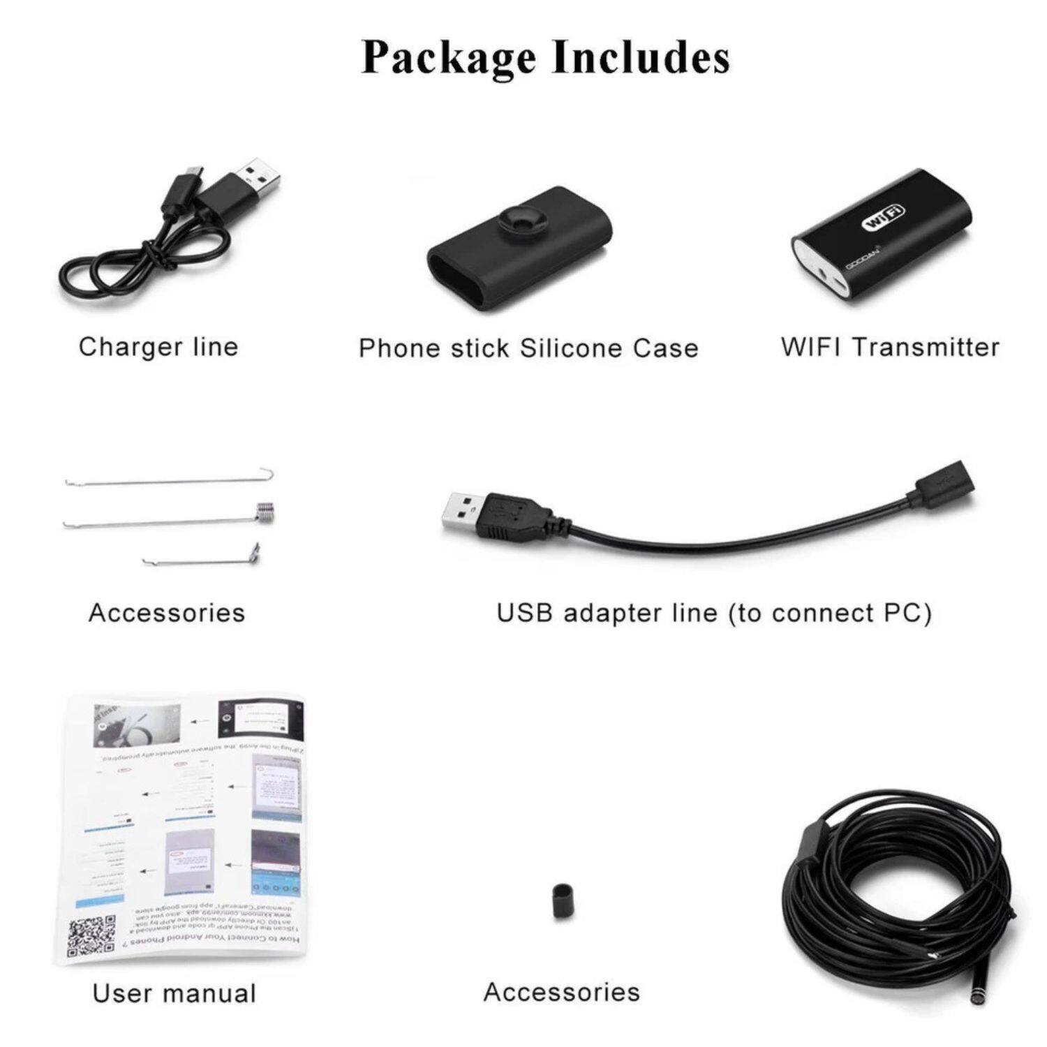 Package Includes

- Charger line
- Phone stick Silicone Case
- WIFI Transmitter
- Accessories
- USB adapter line (to connect PC)
- User manual
- Accessories