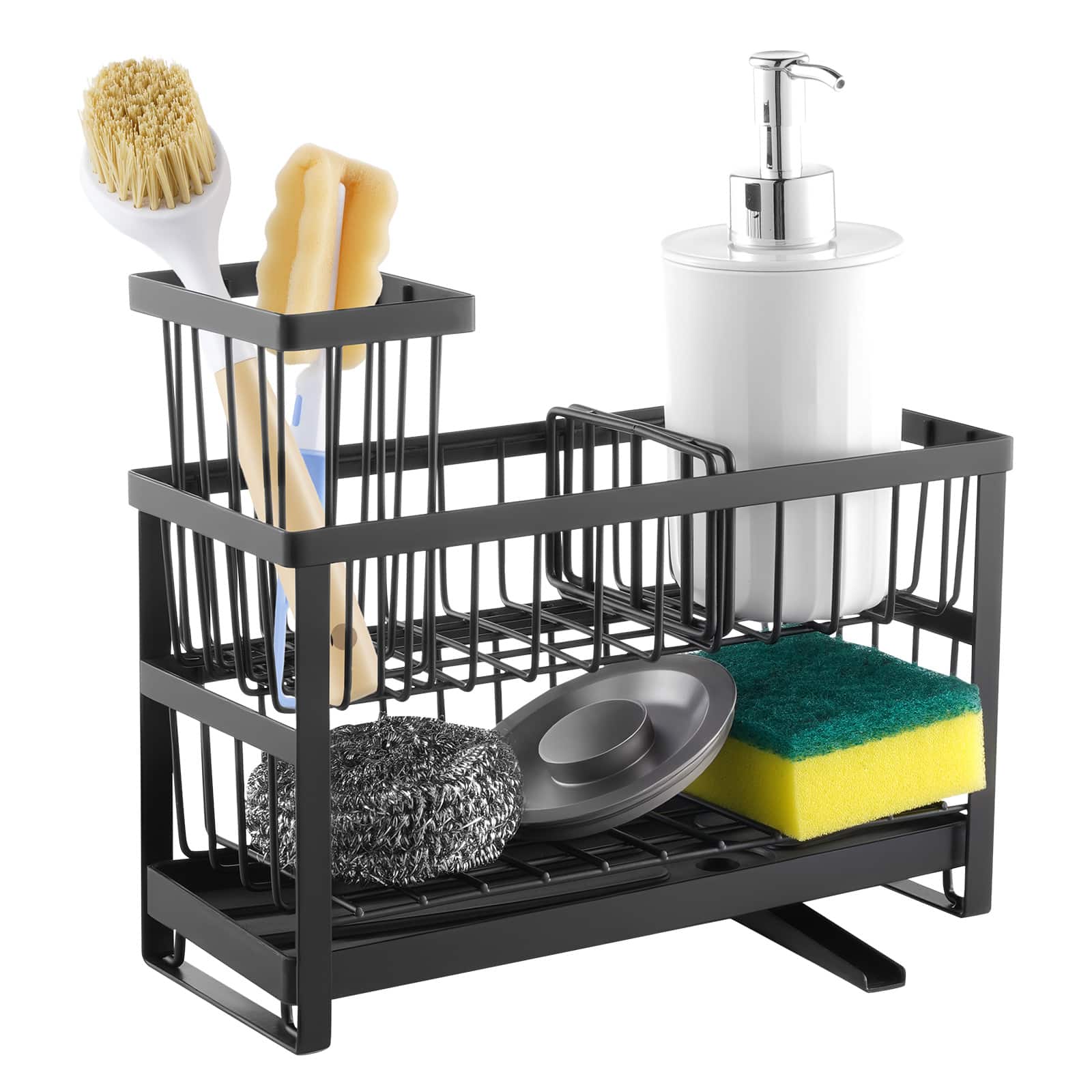 VEVOR - Kitchen Sink Caddy Organizer, 2 Tier Sponge Holder for Kitchen Sink with High Brush Holder & Divider, Storage Rack - Black
