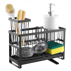 Front. VEVOR - Kitchen Sink Caddy Organizer, 2 Tier Sponge Holder for Kitchen Sink with High Brush Holder & Divider, Storage Rack - Black.