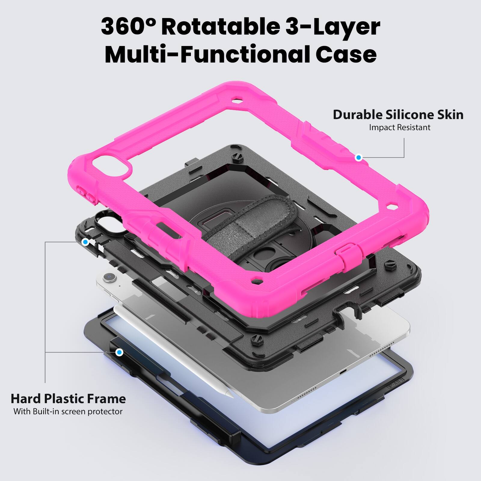 360° Rotatable 3-Layer Multi-Functional Case

Durable Silicone Skin
Impact Resistant

Hard Plastic Frame
With Built-in screen protector