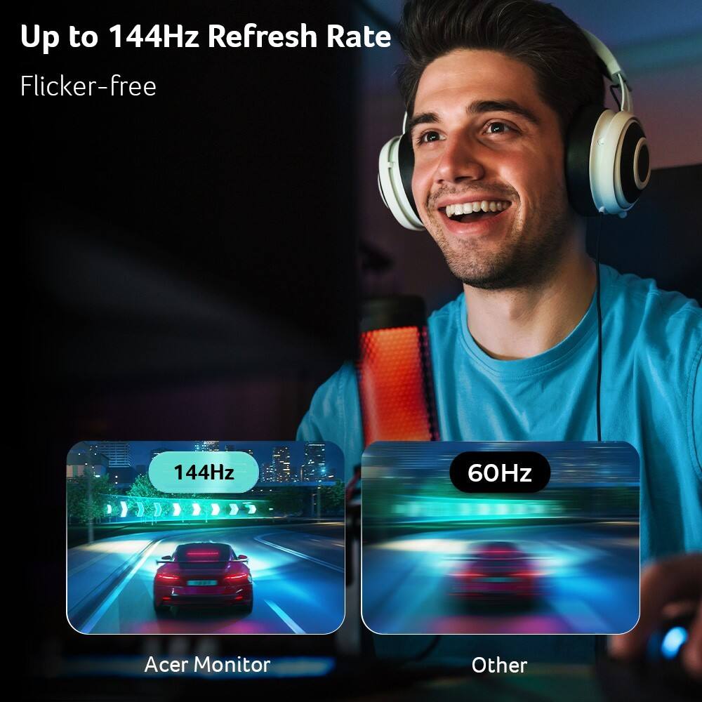 Up to 144Hz Refresh Rate  
Flicker-free  

144Hz  
Acer Monitor  

60Hz  
Other