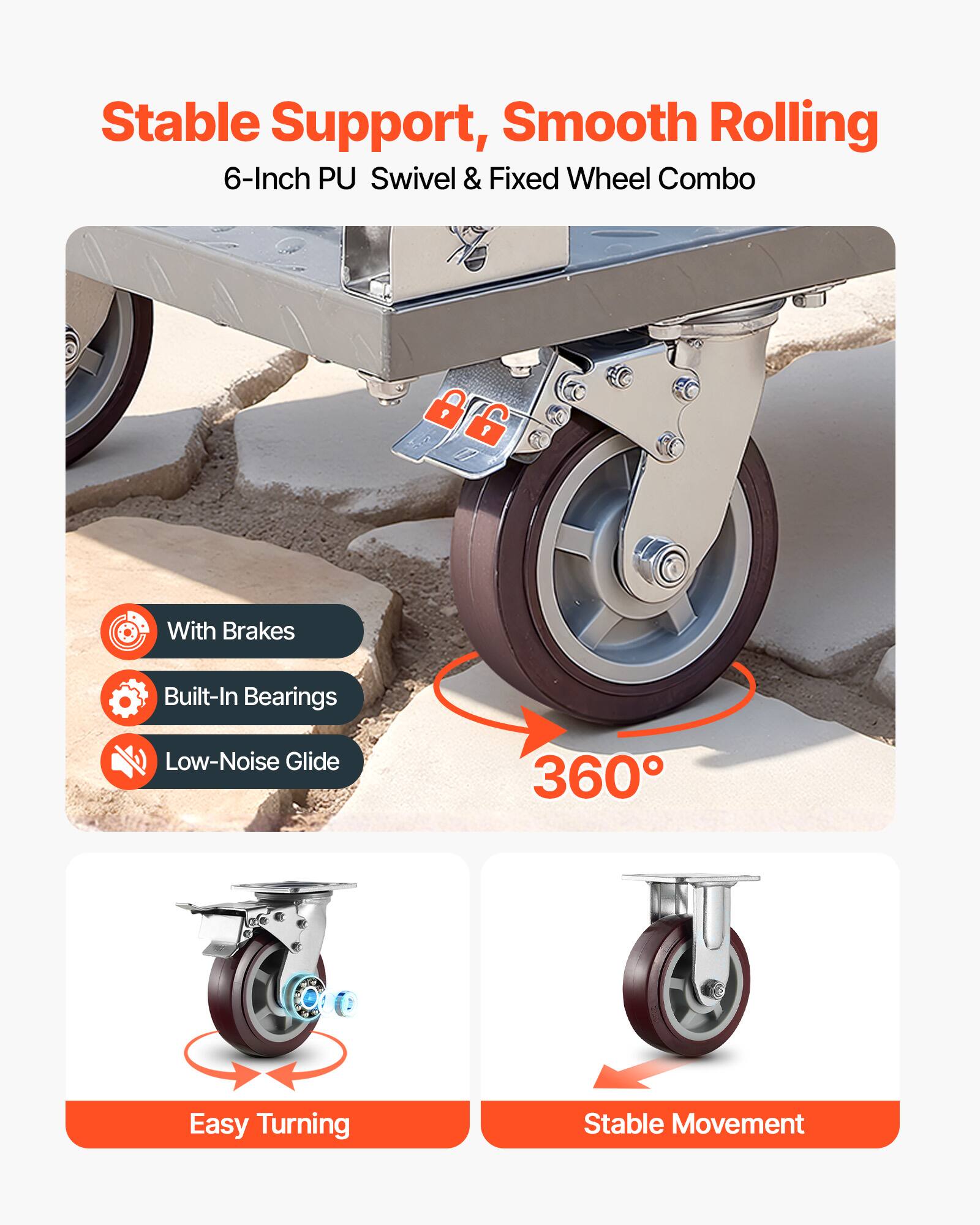 Stable Support, Smooth Rolling  
6-Inch PU Swivel & Fixed Wheel Combo  

- With Brakes  
- Built-In Bearings  
- Low-Noise Glide  

360° Easy Turning  
Stable Movement