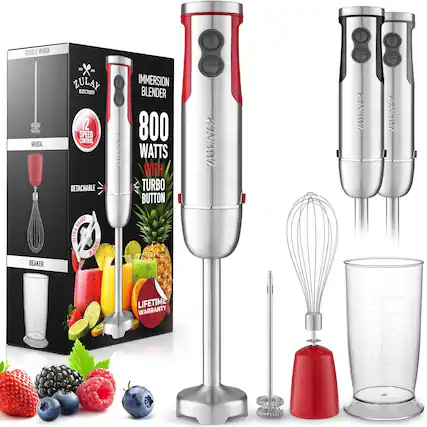 **ZULAY KITCHEN IMMERSION BLENDER**
- **800 WATTS WITH TURBO BUTTON**
- **12 SPEED CONTROL**
- **DETACHABLE WHISK**
- **BEAKER**
- **LIFETIME WARRANTY**
**Features:**
- **DOUBLE WHISK**
- **ULTRA SHARP BLADES**
- **1 LITER BEAKER**
- **TURBO BUTTON**
**Included Accessories:**
- Whisk
- Beaker
**Power:**
- 800 Watts
**Warranty:**
- Lifetime Warranty
**Additional:**
- 12 Speed Control
- Detachable Whisk
- Ultra Sharp Blades