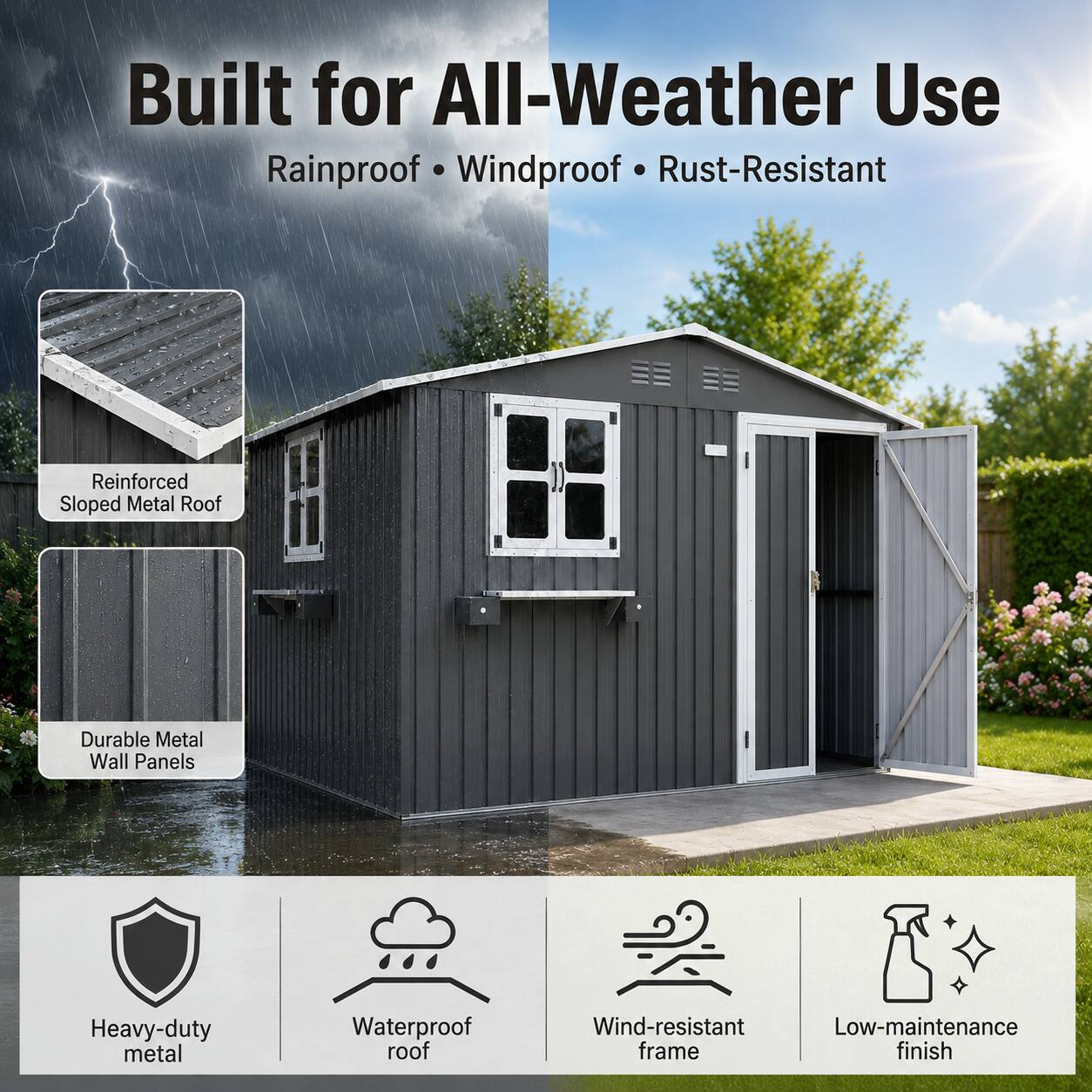 Built for All-Weather Use  
Rainproof • Windproof • Rust-Resistant  

Reinforced Sloped Metal Roof  
Durable Metal Wall Panels  

Heavy-duty metal  
Waterproof roof  
Wind-resistant frame  
Low-maintenance finish