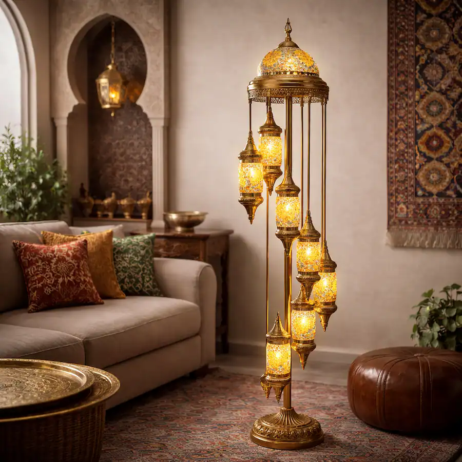 FC Design 73"H Gold Base Spiral Turkish Lamp w/ 7 Yellow Mosaic Lantern ...