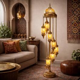 FC Design - 73"H Gold Base Spiral Turkish Lamp w/ 7 Yellow Mosaic Lantern Bulbs