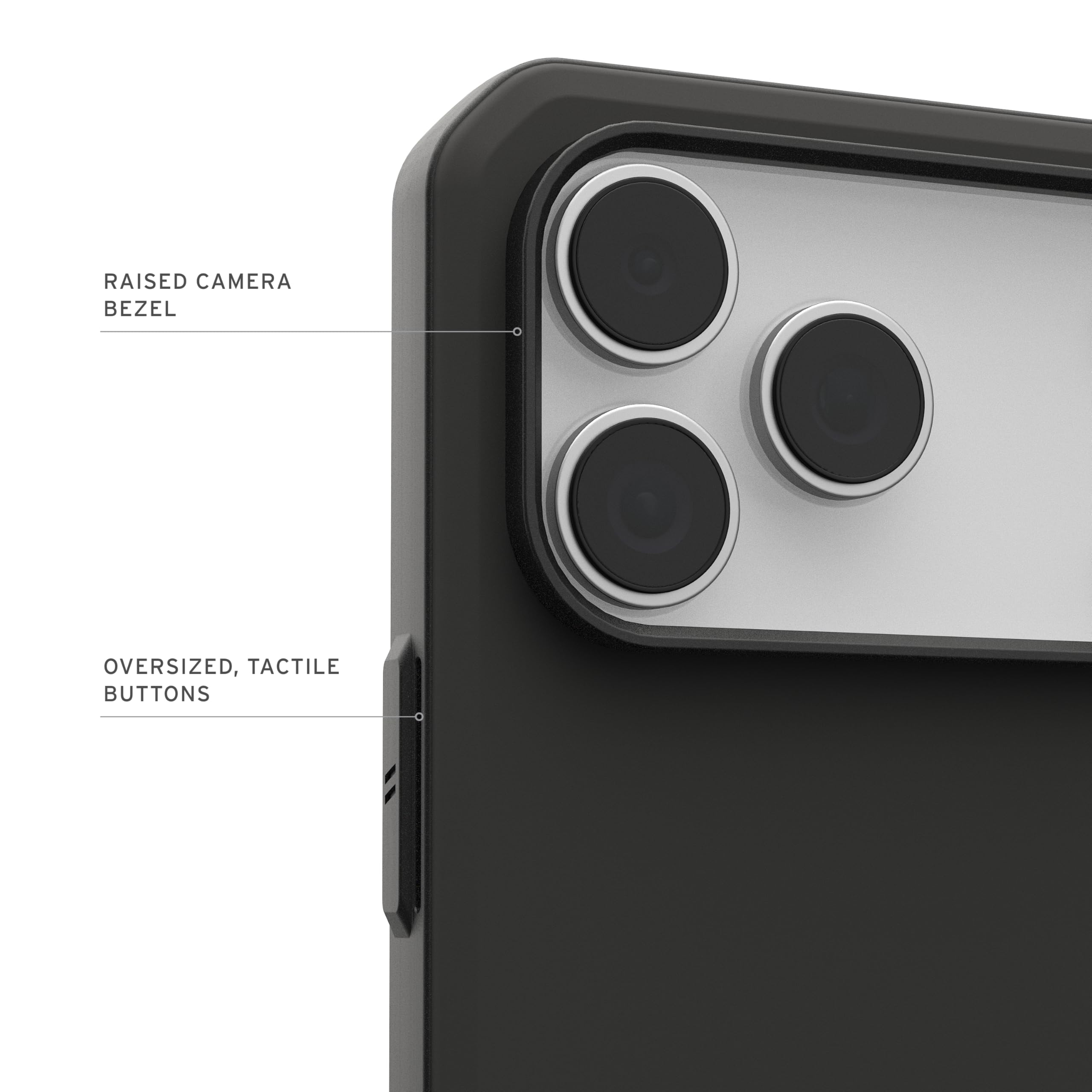 RAISED CAMERA BEZEL  
OVERSIZED, TACTILE BUTTONS