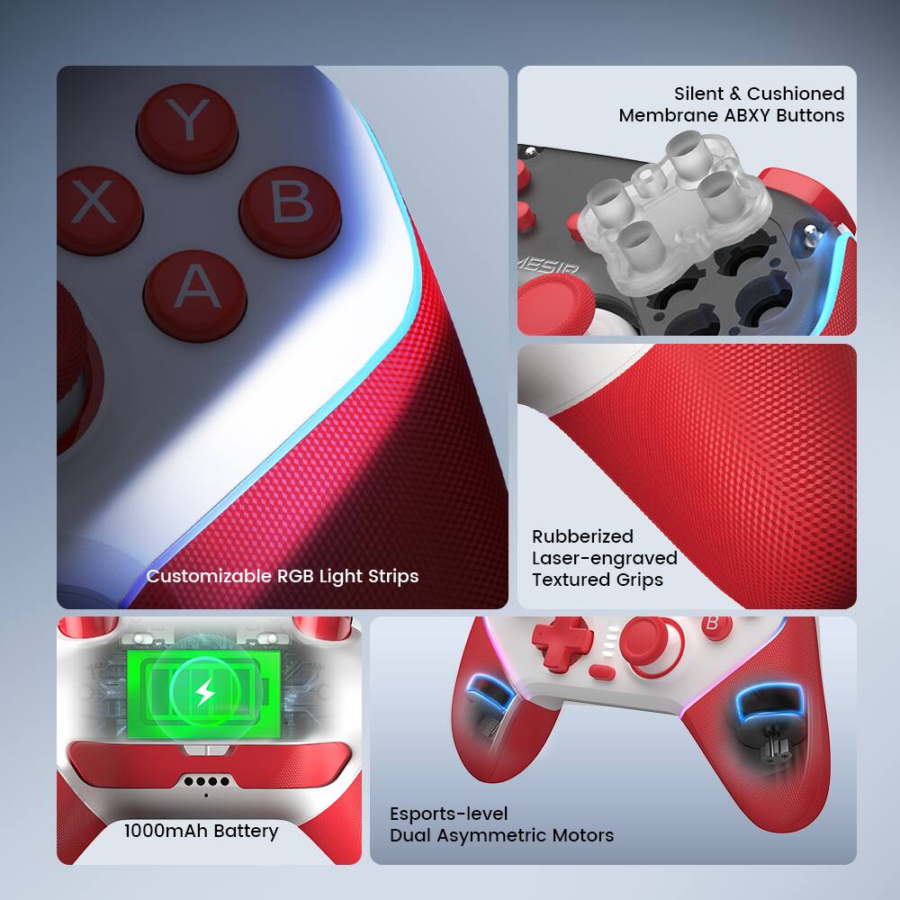 X Y A B Silent & Cushioned Membrane AB Buttons ESIR Customizable RGB Light Strips Rubberized Laser-engraved Textured Grips B 1000mAh Battery Esports-level Dual Asymmetric Motors