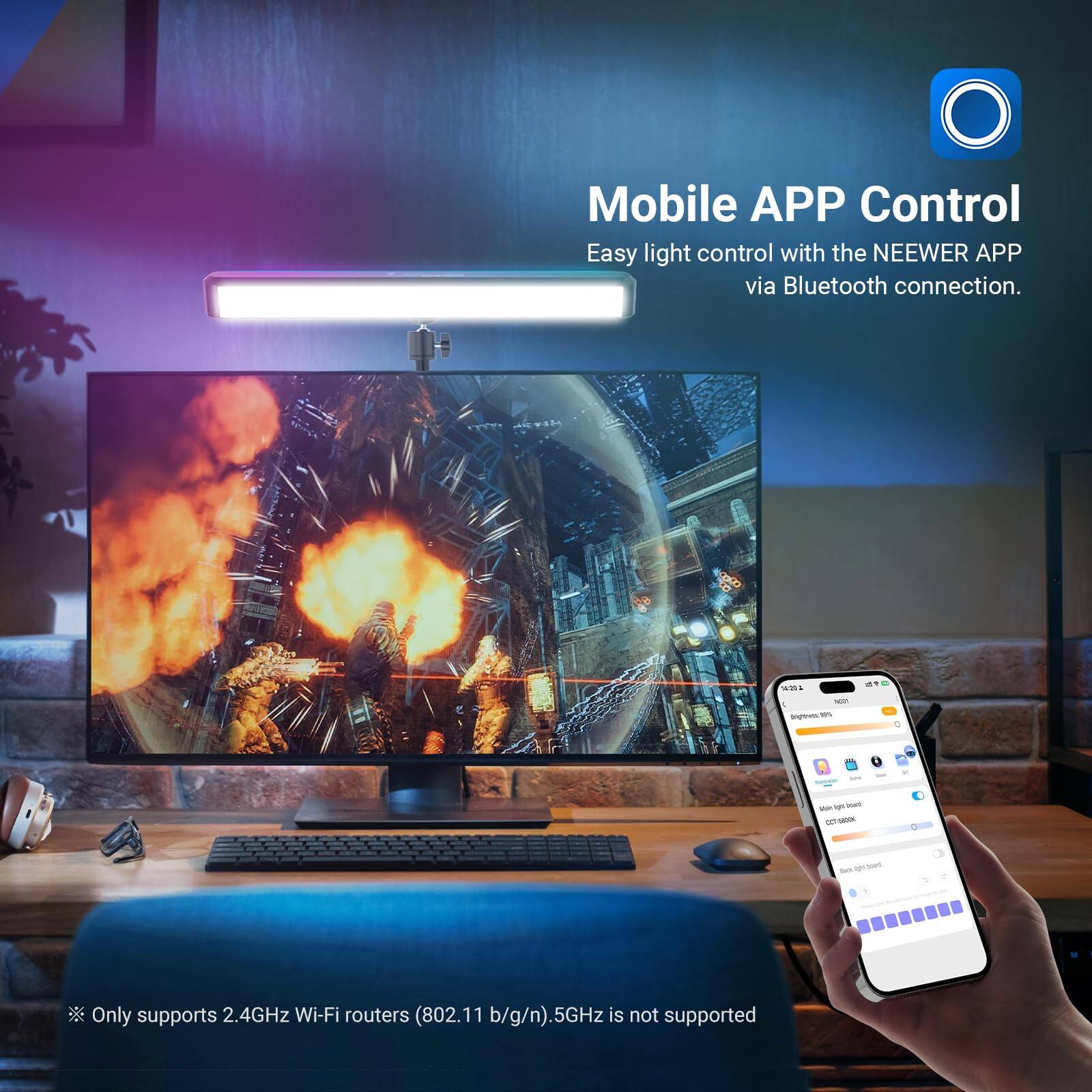 Mobile APP Control  
Easy light control with the NEEWER APP via Bluetooth connection.  

Only supports 2.4GHz Wi-Fi routers (802.11 b/g/n). 5GHz is not supported