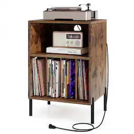 Gymax - Record Player Stand w/Charging Station 5 Storage Compartments Anti-toppling Kits - Coffee