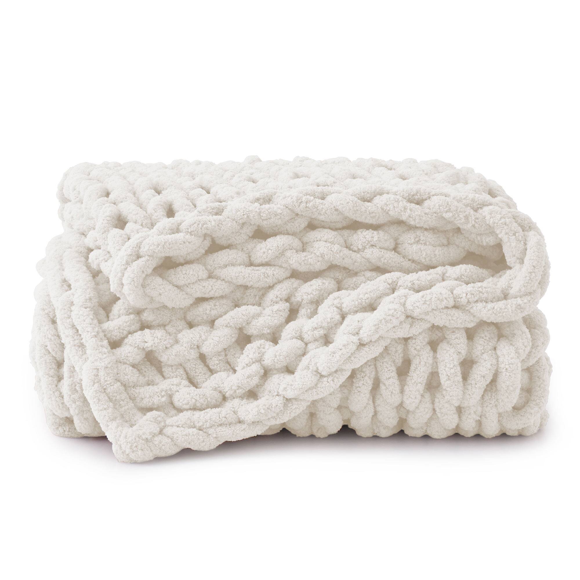 Back. Peace Nest - Peace Nest Handmade Chunky Knit Chenille Yarn Throw Blanket 50"x60", White - White.