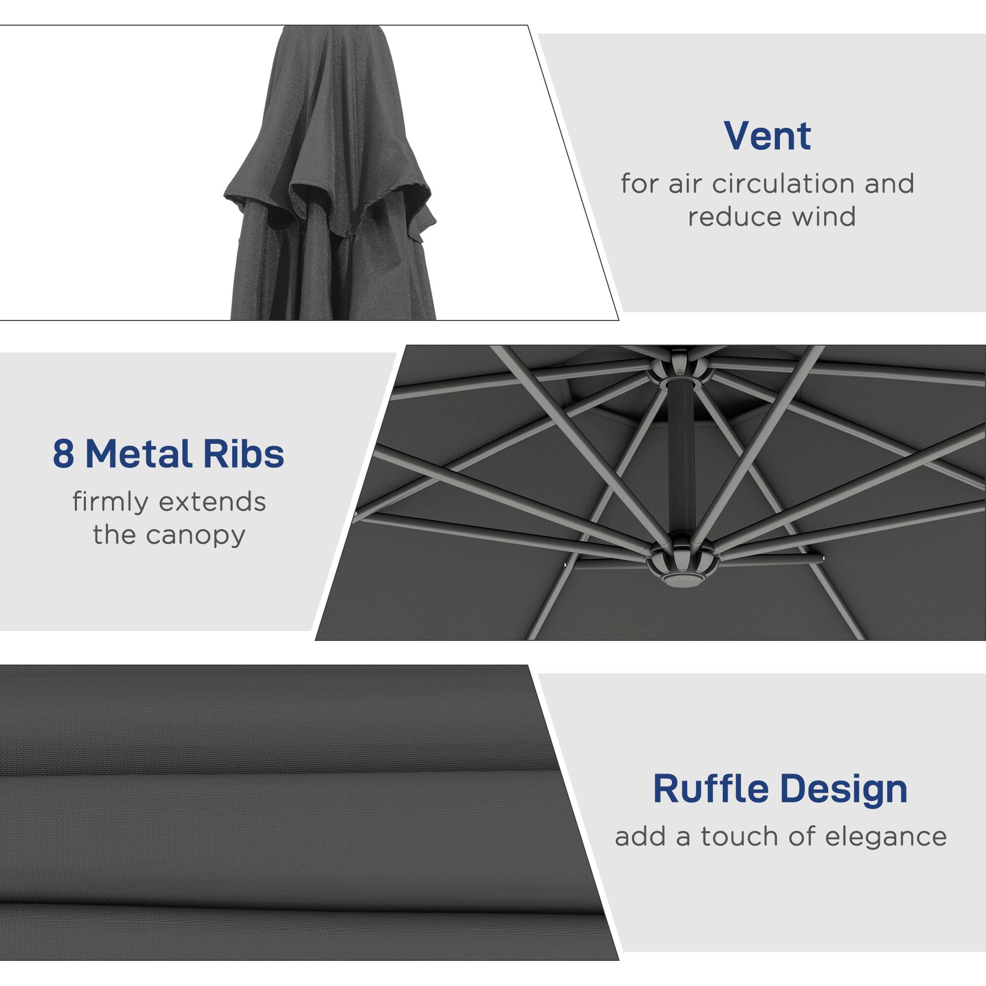 Vent for air circulation and reduce wind
8 Metal Ribs firmly extends the canopy
Ruffle Design add a touch of elegance