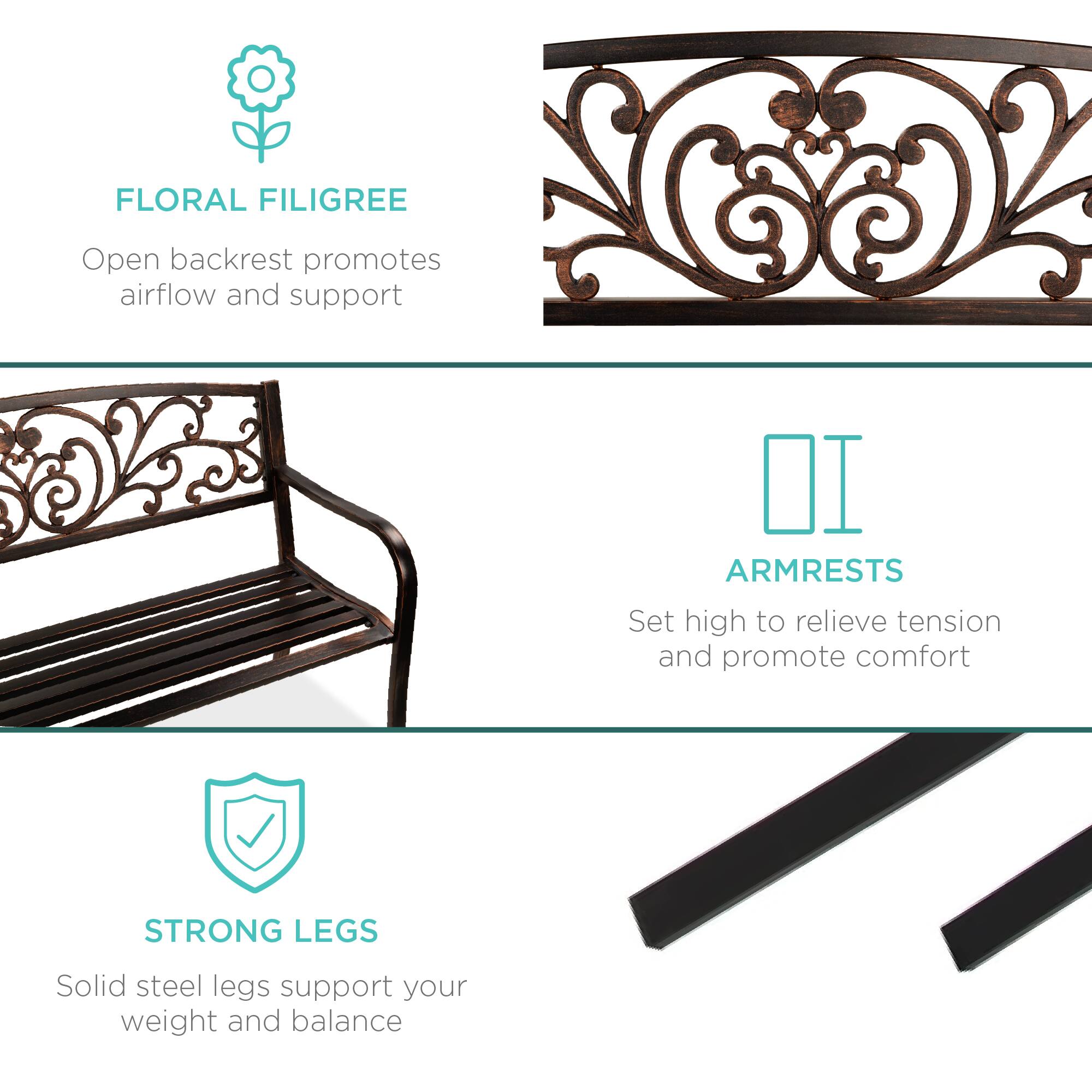 FLORAL FILIGREE  
Open backrest promotes airflow and support  

ARMRESTS  
Set high to relieve tension and promote comfort  

STRONG LEGS  
Solid steel legs support your weight and balance