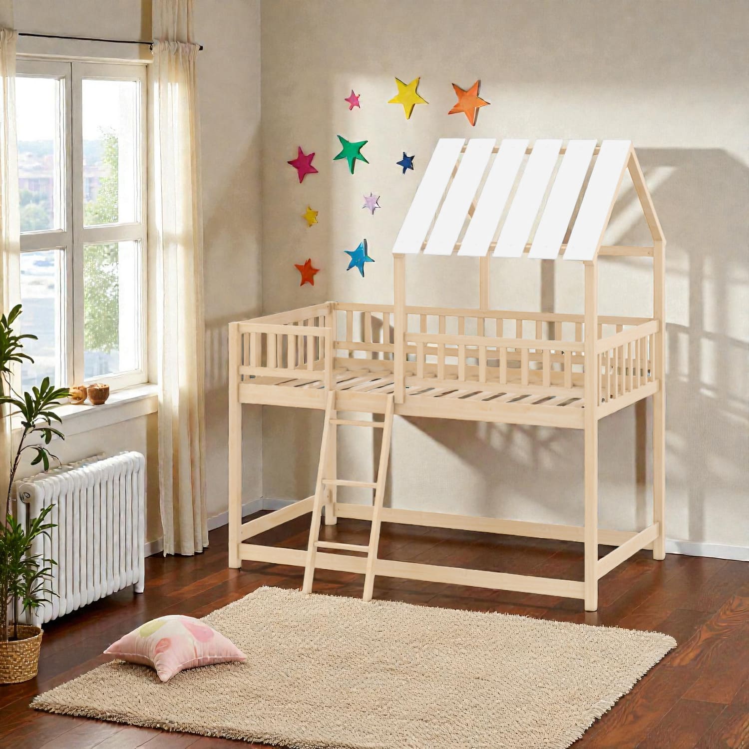 Hivvago - Twin-Over-Twin Kids Bunk Bed with Roof Design and Full Safety Rails - Natural