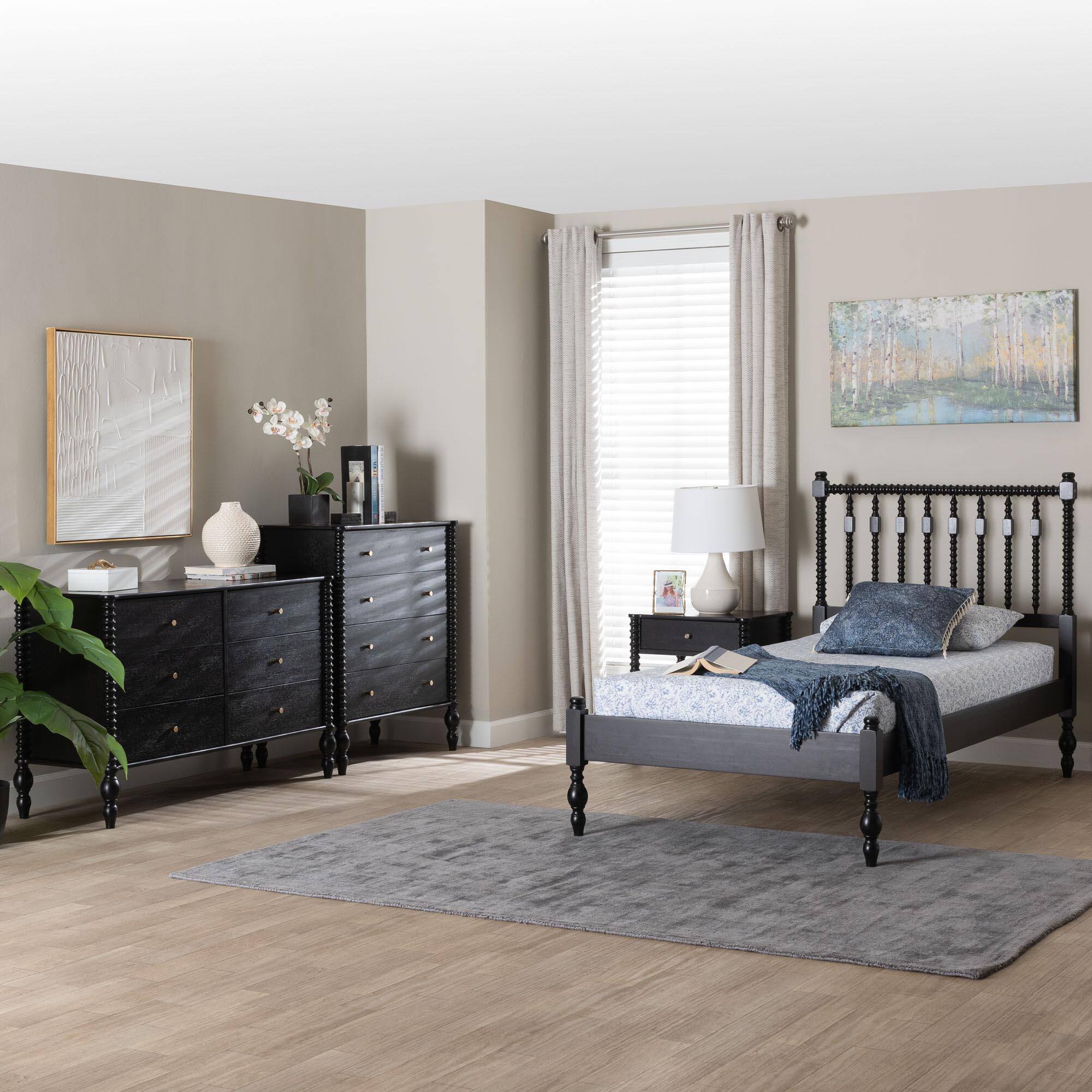 Alt View 8. Baxton Studio - Denita Spindle 4-Piece Bedroom Set - Farmhouse Platform Bed with Matching Dresser, Chest, and 1-Drawer Nightstand, Twin - Black.