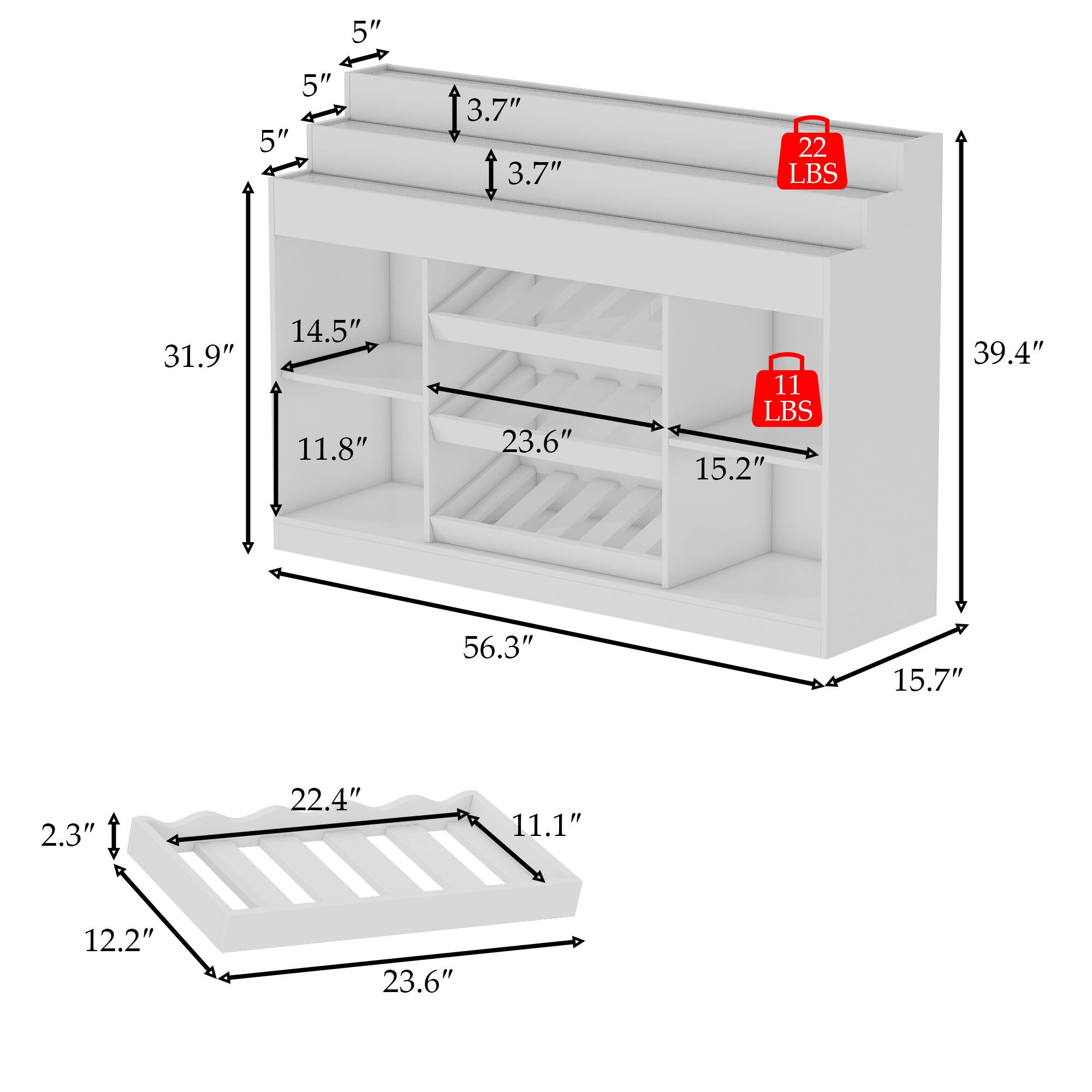 The text on the image is grouped and corrected as follows:

* 5" 5" 5" 3.7" 3.7" 22 LBS 31.9" 14.5" 11.8" 23.6" 11 LBS 15.2" 39.4" 56.3" 15.7" 2.3" 22.4" 11.1" 12.2" 23.6"

This text describes the dimensions and weight of a piece of luggage, with the dimensions given in inches and the weight in pounds.