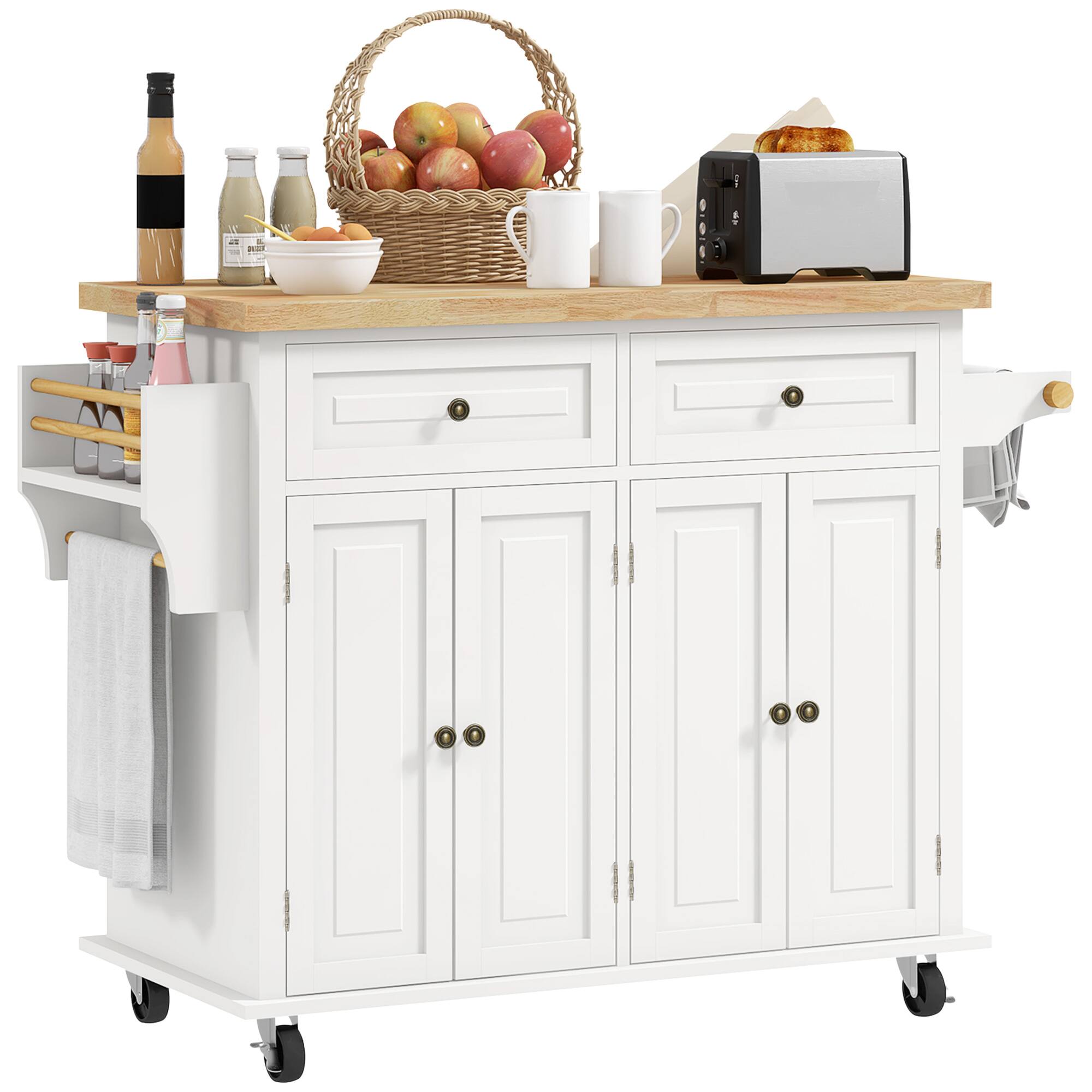 Front. Homcom - Kitchen Island Cart with Rubber Wood Top, Rolling Table on Wheels with Drawers, Spice Rack - Cream White.